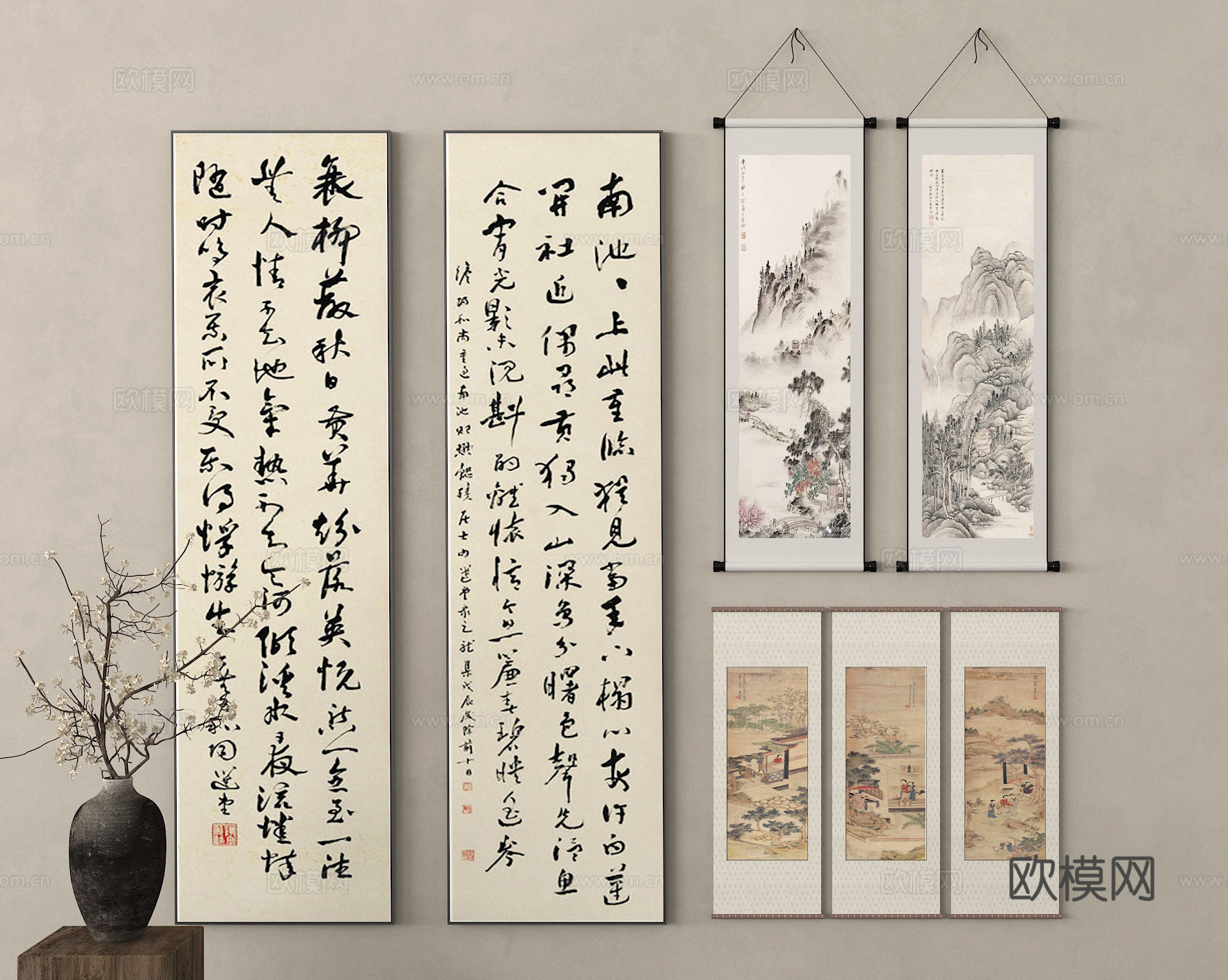 中式挂画 水墨画 书法字画 卷轴画组合 花瓶花艺3d模型