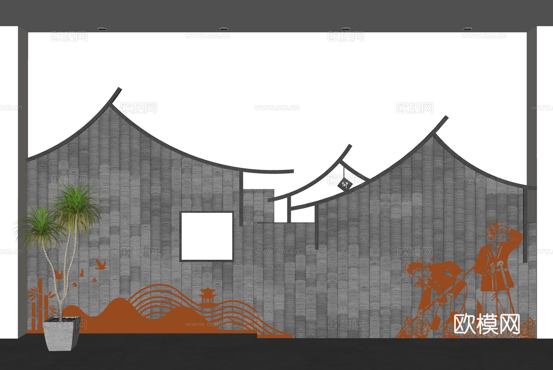 中式背景墙 瓦片背景墙 马头墙背景墙 徽派建筑背景墙 建筑轮su模型