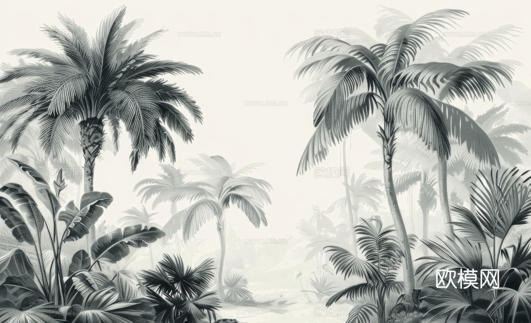 欧式田园热带雨林棕榈植物壁纸壁画下载（渲染图2）
