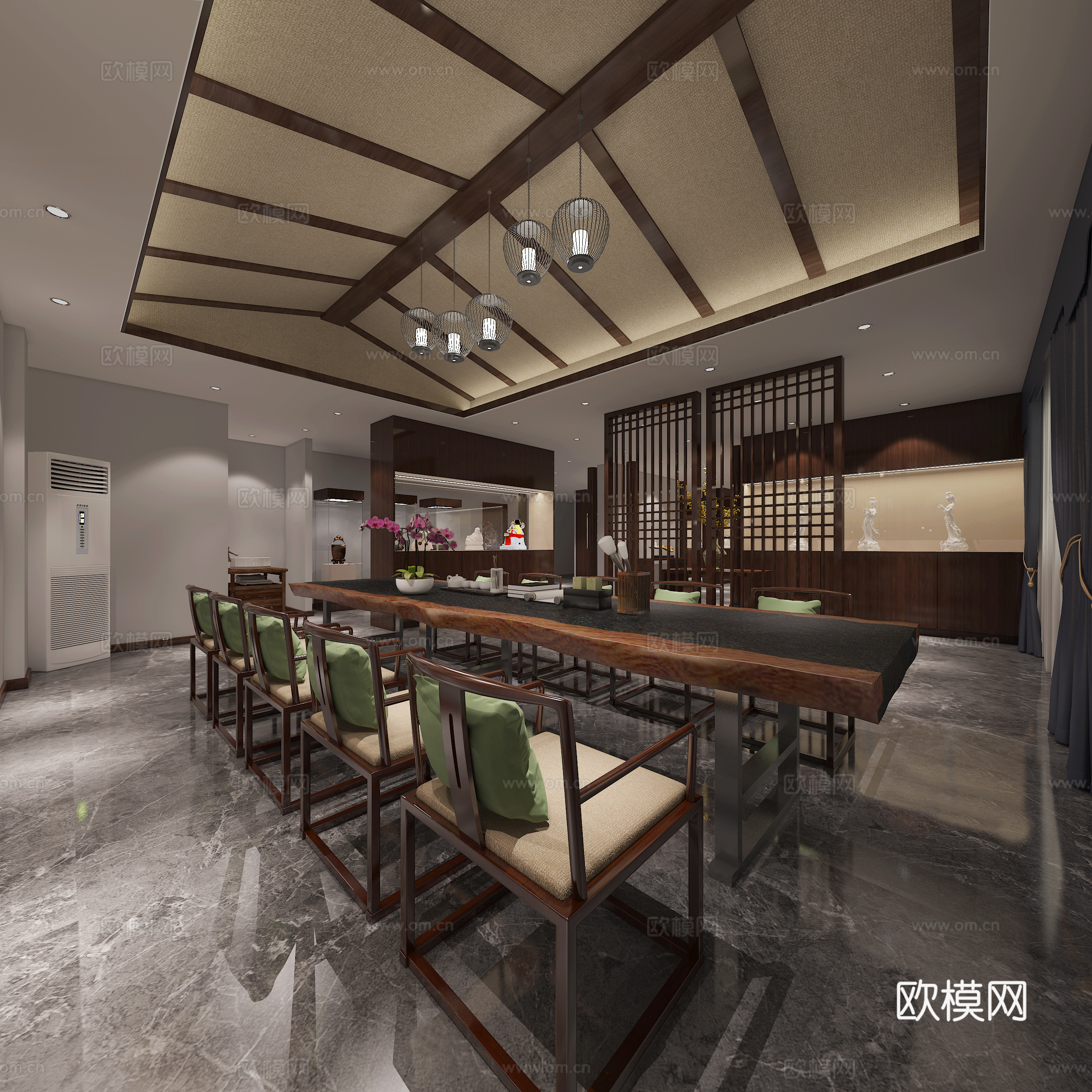 中式展厅展示柜 茶室 茶桌椅组合 瓷器摆件榻榻米 吊灯 佛像3d模型