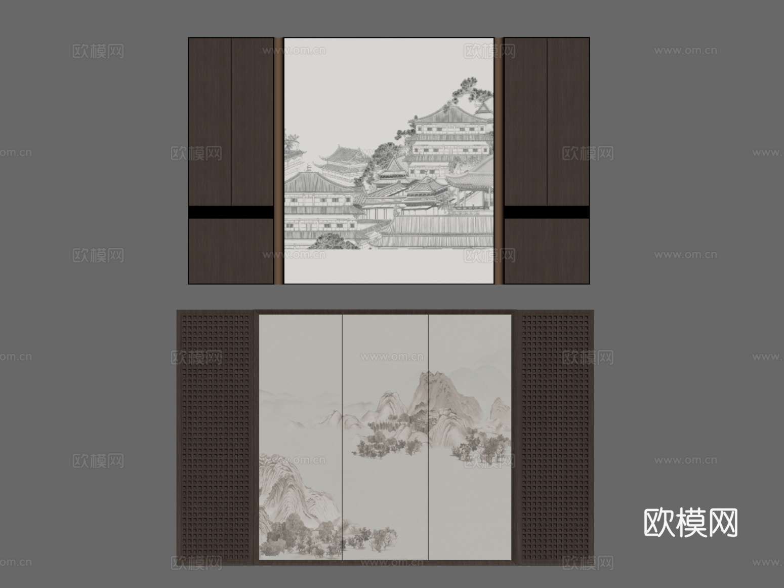 新中式背景墙su模型