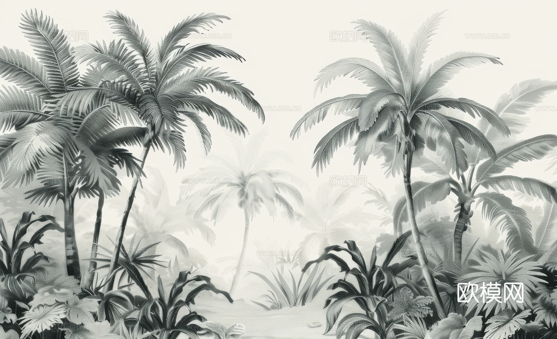 欧式田园热带雨林棕榈植物壁纸壁画下载（渲染图5）