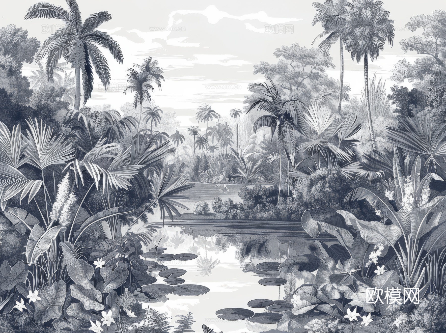 欧式田园热带雨林棕榈植物壁纸壁画下载（渲染图5）