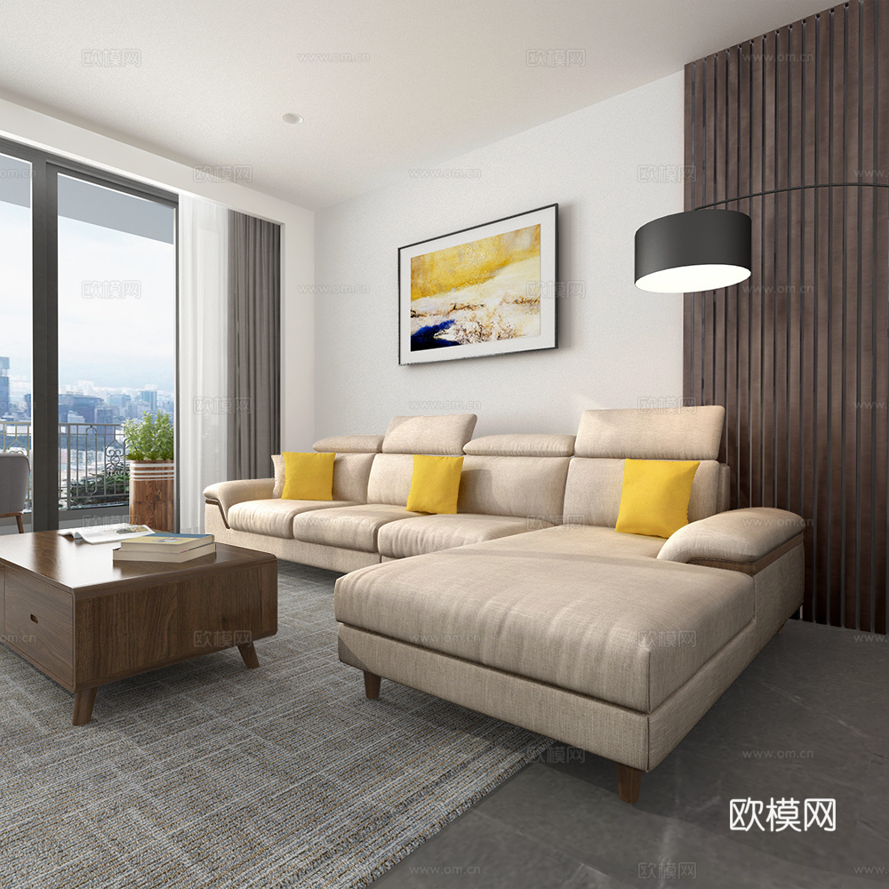 现代客厅 沙发组合 茶几 窗帘台灯 挂画 装饰品3D模型下载3d模型