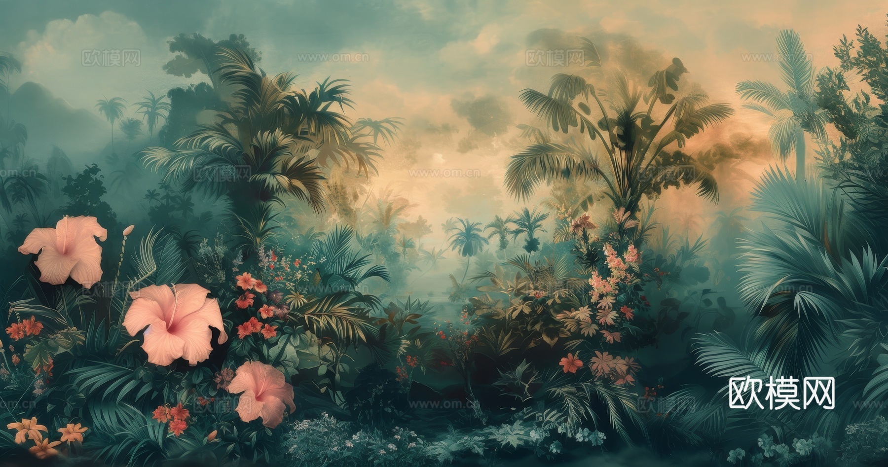 欧式田园热带雨林棕榈植物壁纸壁画下载（渲染图4）