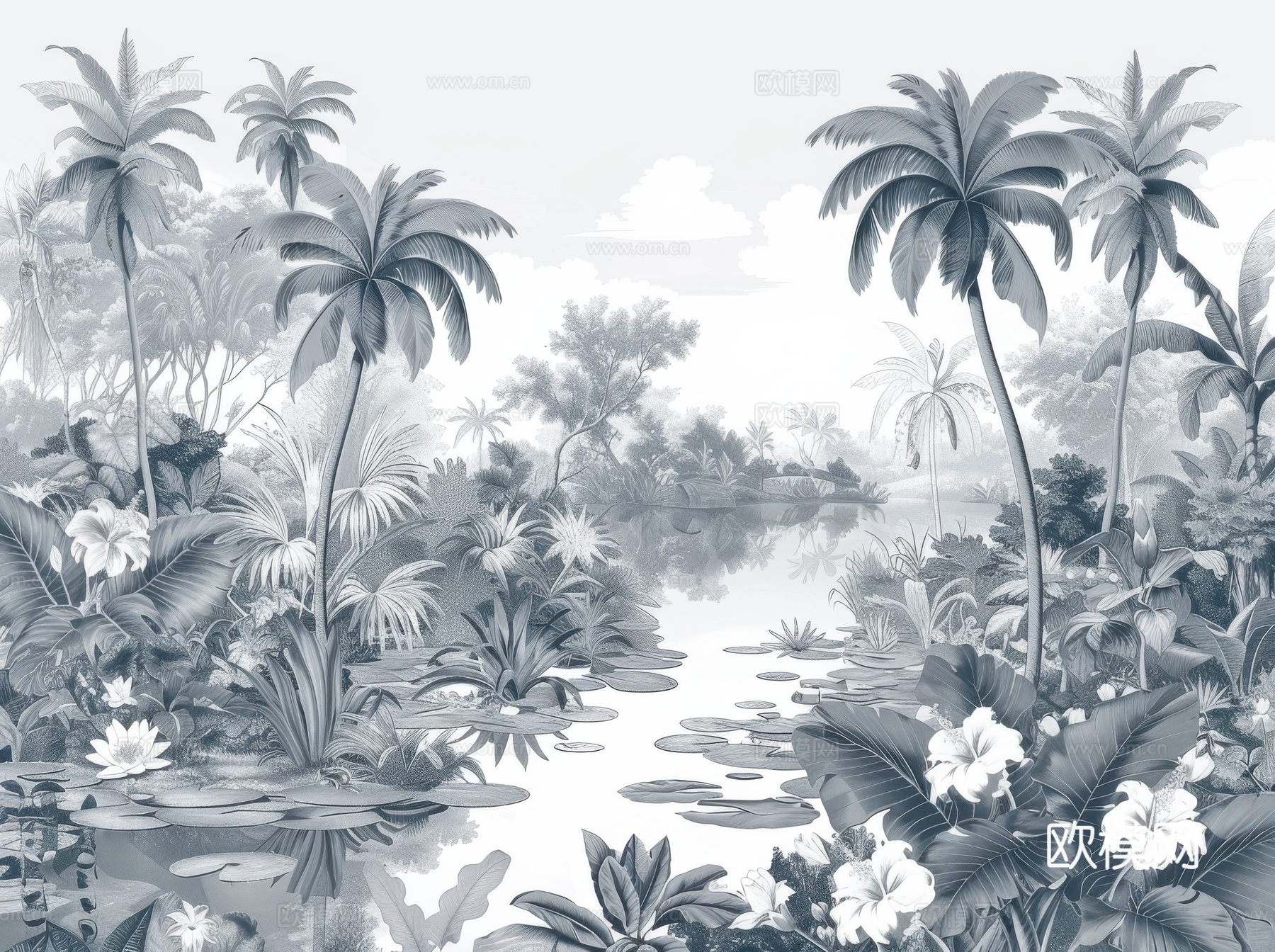 欧式田园热带雨林棕榈植物壁纸壁画下载（渲染图7）