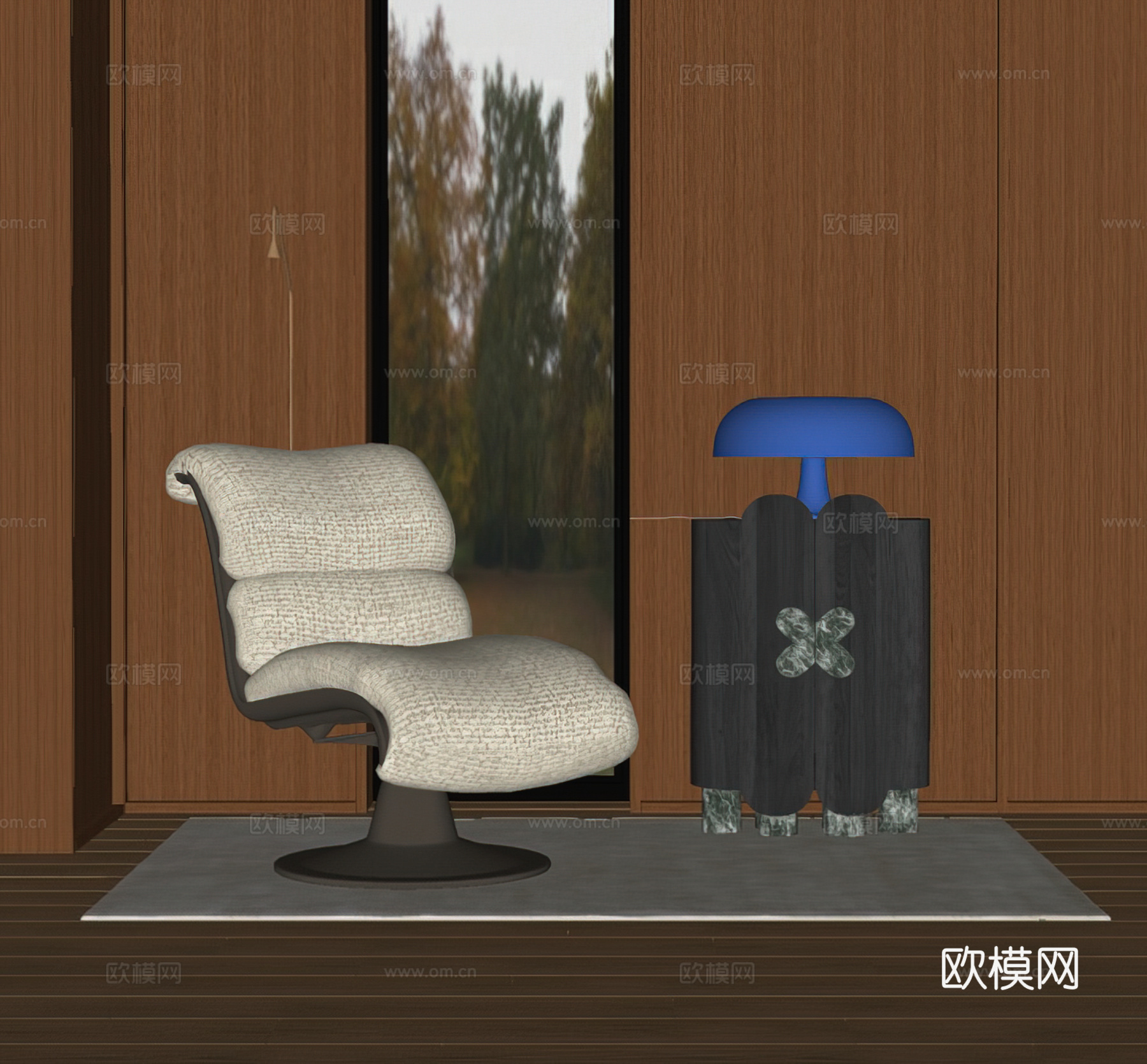 中古风休闲椅 单人沙发 边几 中古台灯 地毯su模型