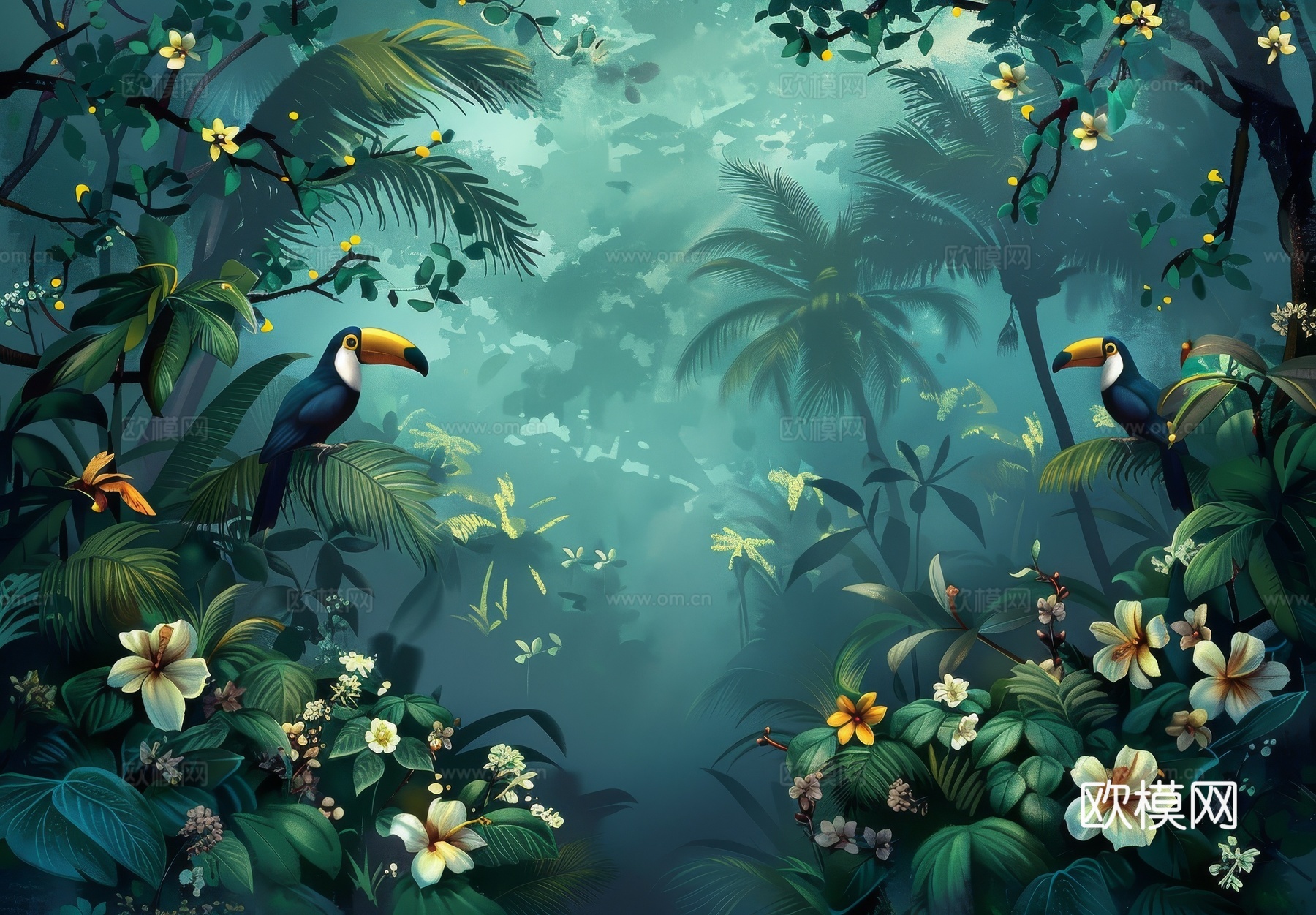 欧式田园热带雨林棕榈植物壁纸壁画下载（渲染图1）