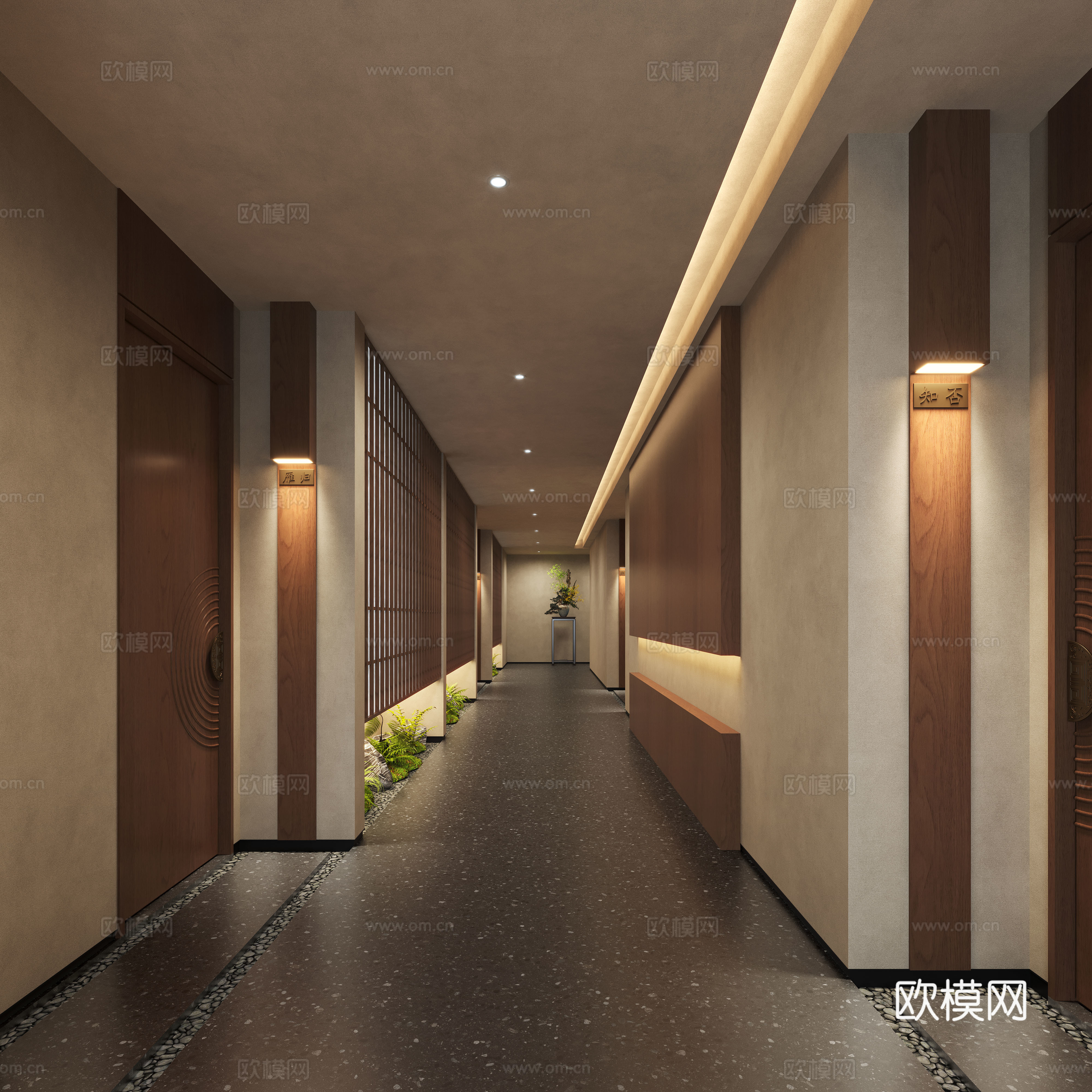 新中式茶室过道 会所走廊 过道景观 走廊景观 室内造景3d模型