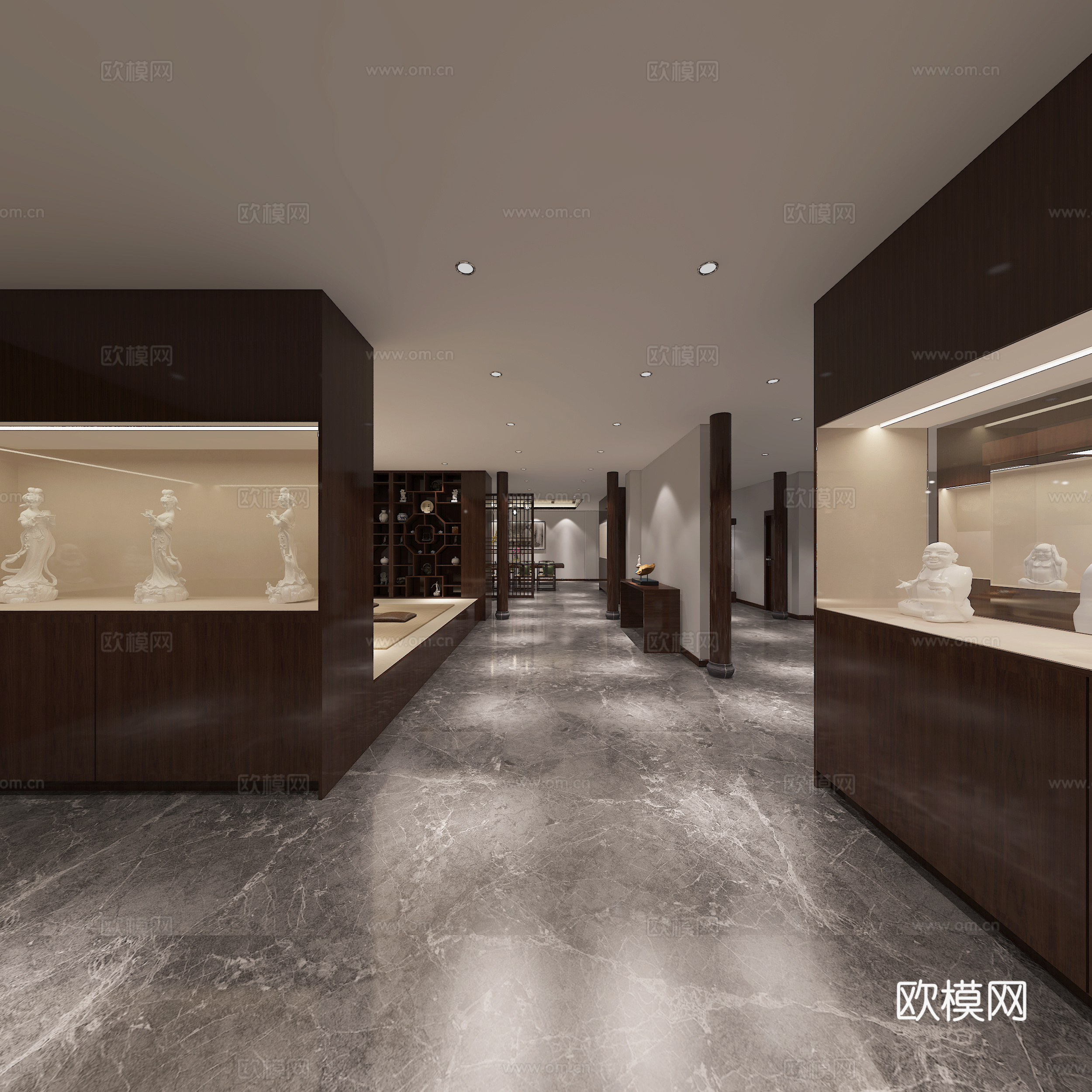 中式展厅展示柜 茶室 茶桌椅组合 瓷器摆件榻榻米 吊灯 佛像3d模型
