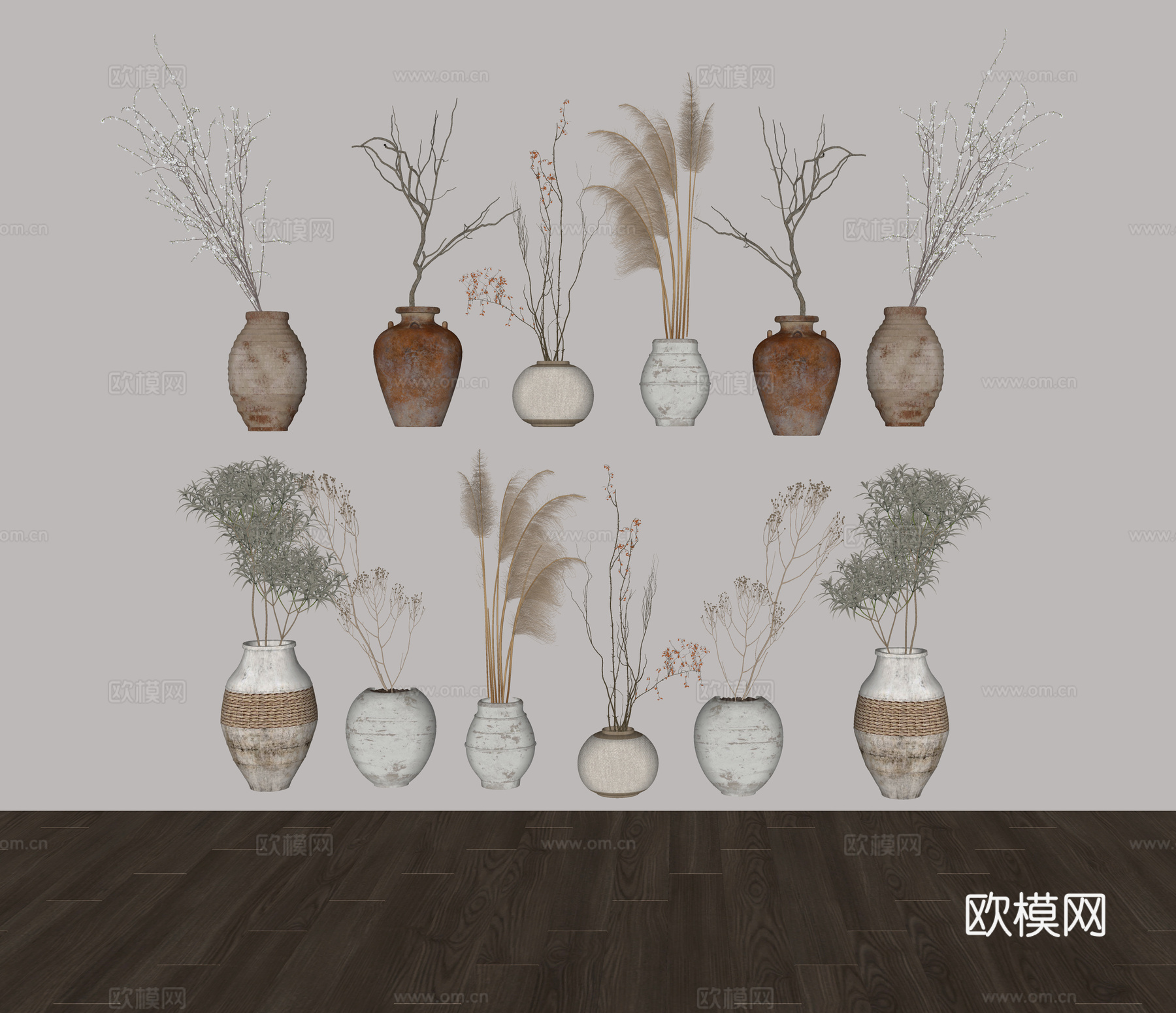 侘寂风花瓶花艺陶罐摆件组合su模型