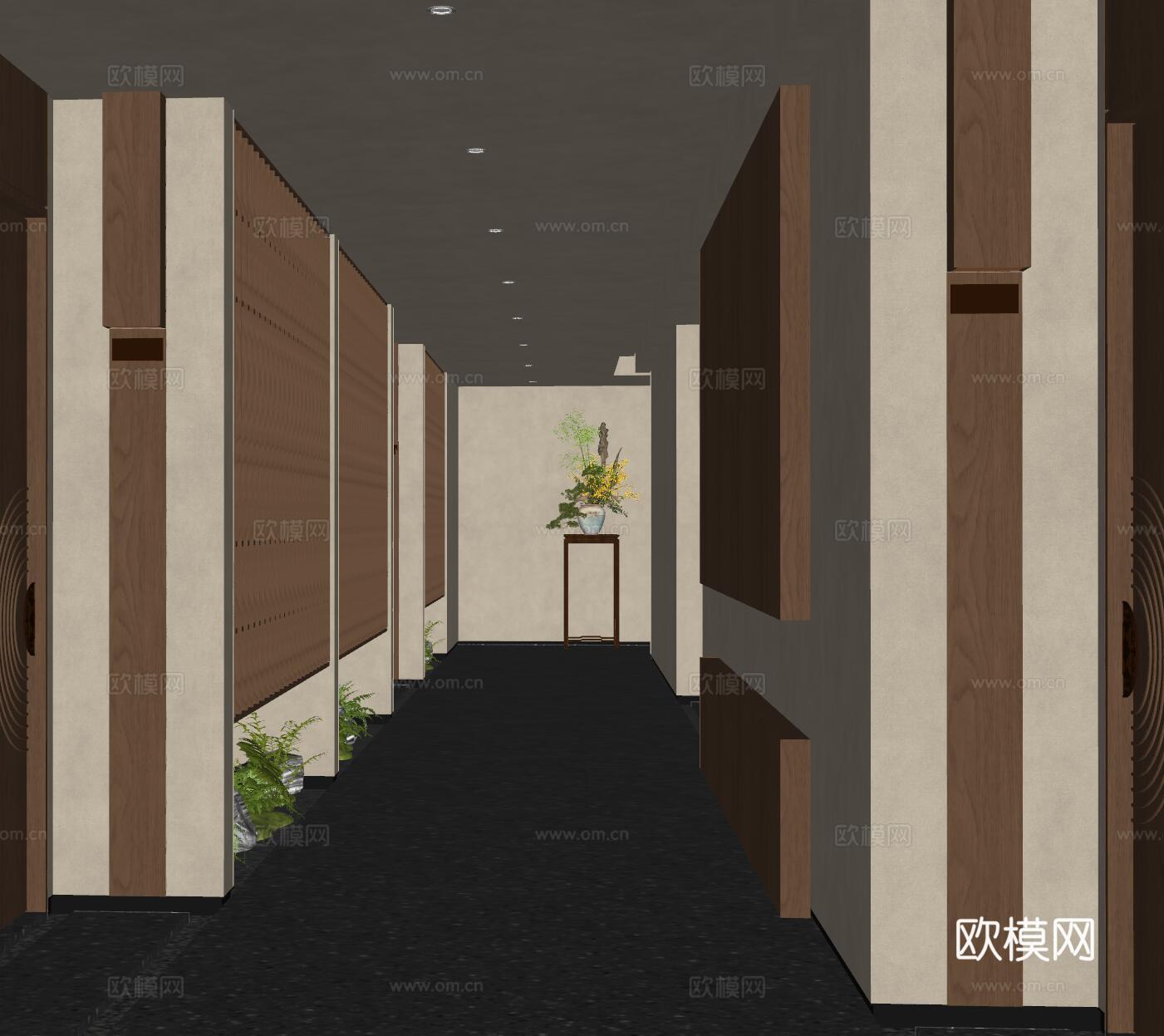 新中式茶室过道 会所走廊 过道景观 走廊景观 室内造景su模型