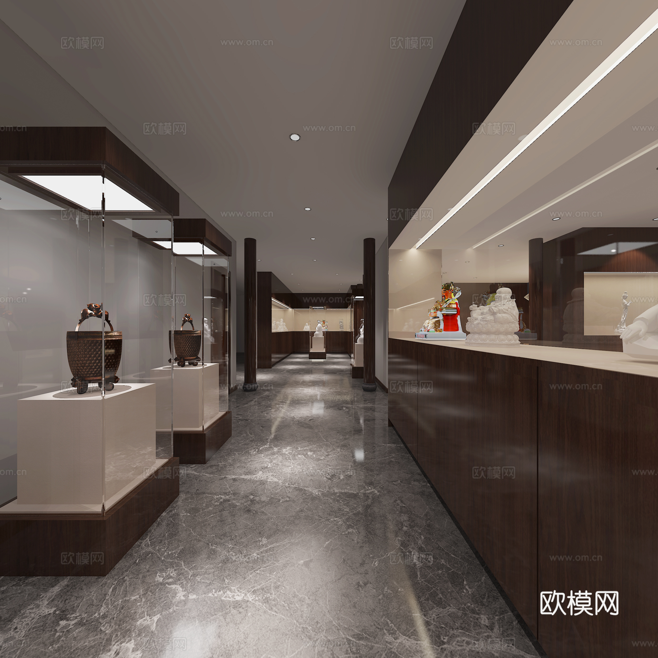 中式展厅展示柜 茶室 茶桌椅组合 瓷器摆件榻榻米 吊灯 佛像3d模型