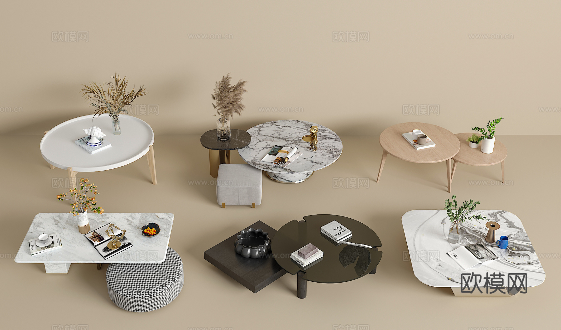茶几组合 绿植 饰品摆件 书籍3d模型
