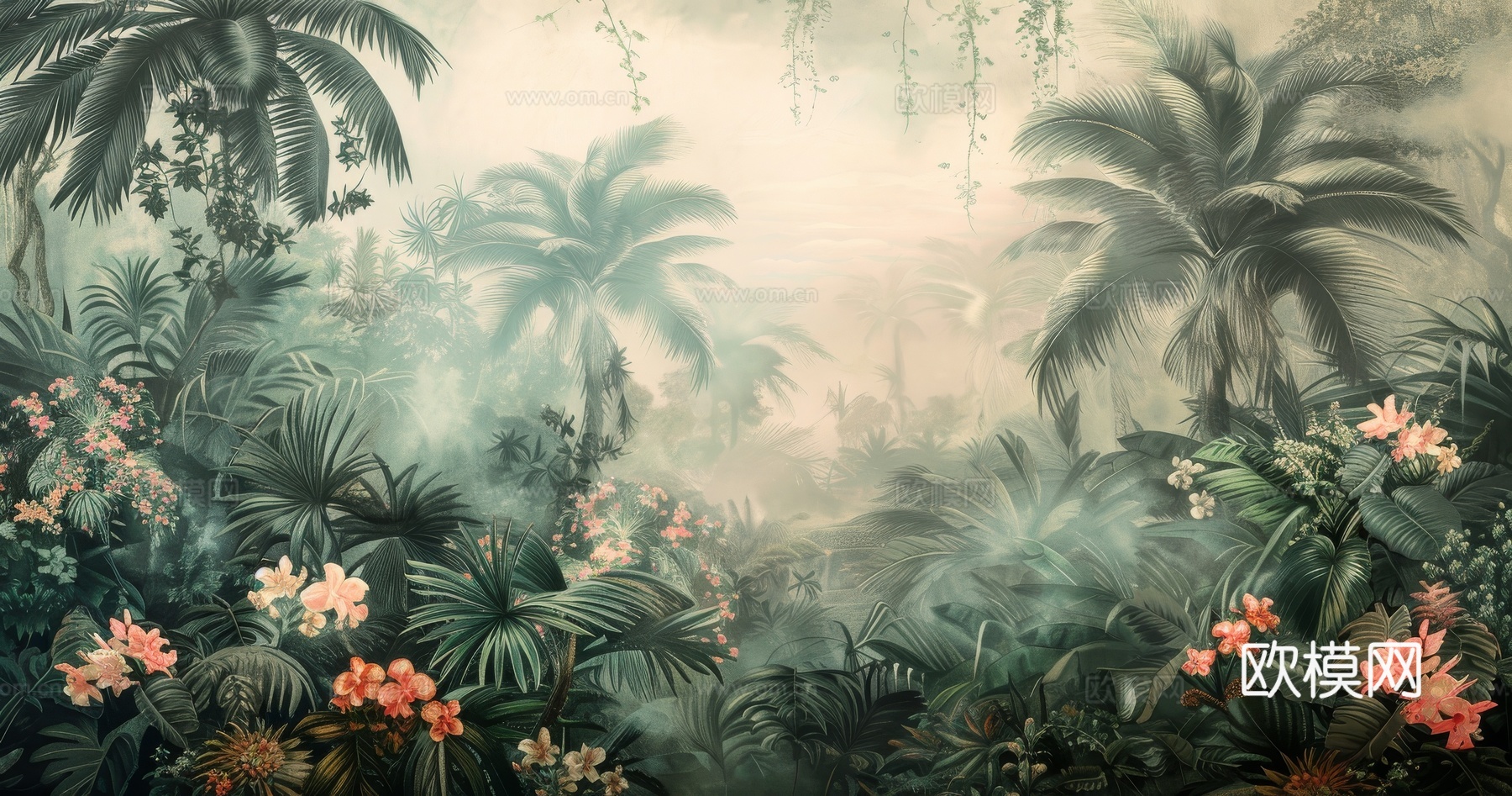 欧式田园热带雨林棕榈植物壁纸壁画下载（渲染图6）