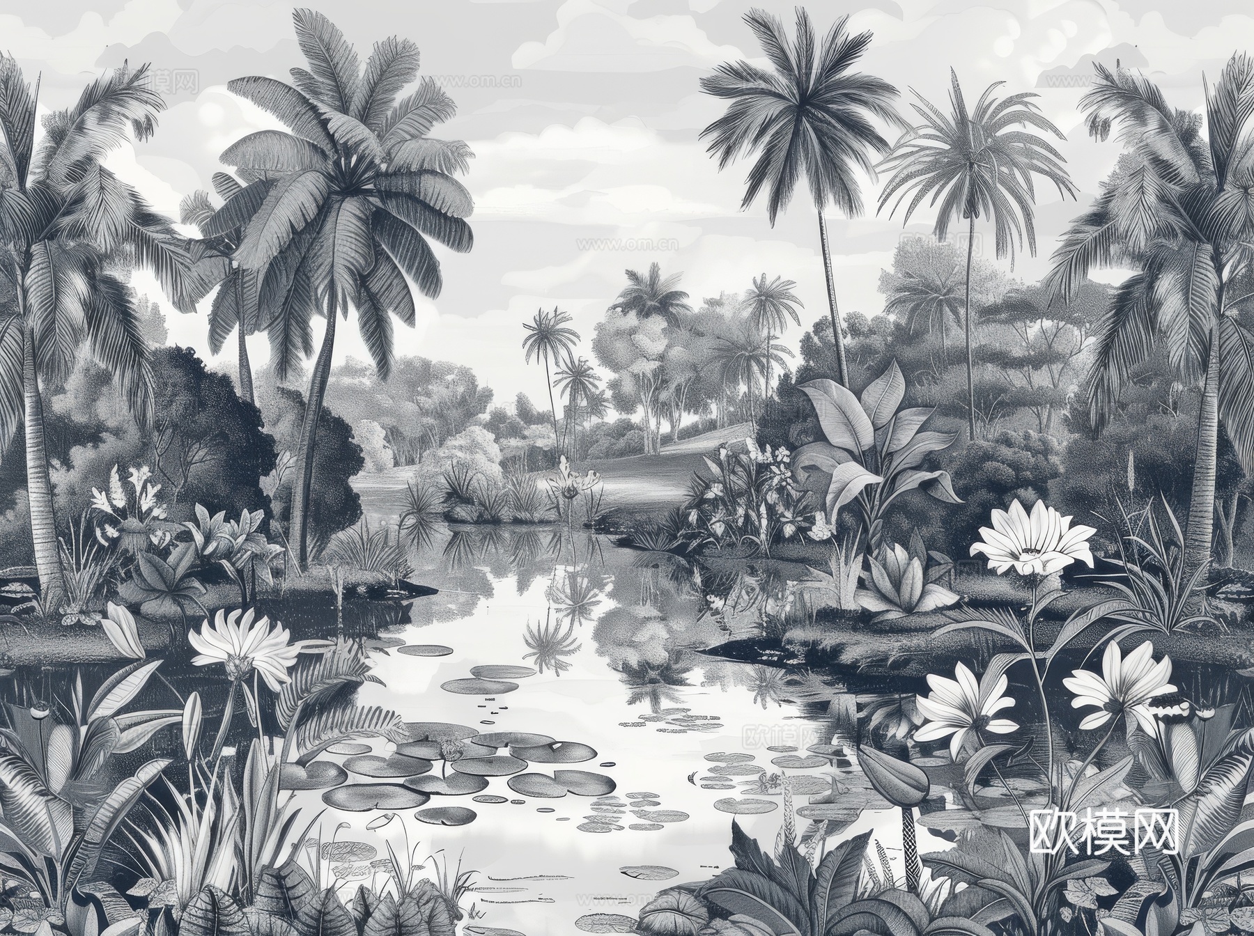 欧式田园热带雨林棕榈植物壁纸壁画下载（渲染图1）
