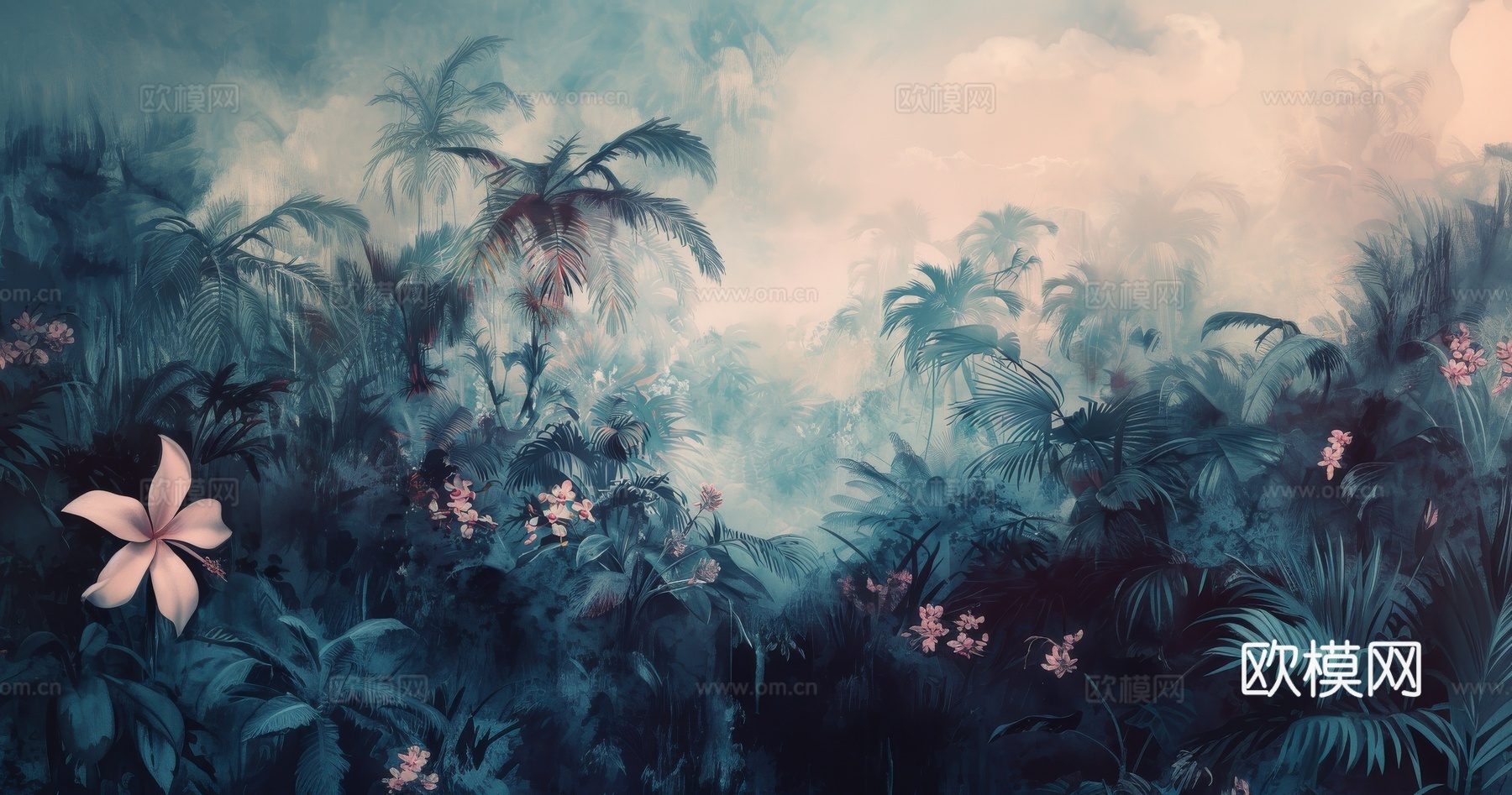 欧式田园热带雨林棕榈植物壁纸壁画下载（渲染图2）
