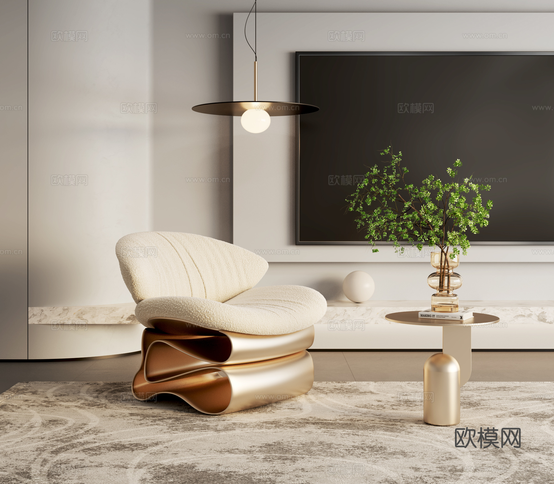 单人沙发 休闲沙发  边几  异形沙发  艺术吊灯3d模型