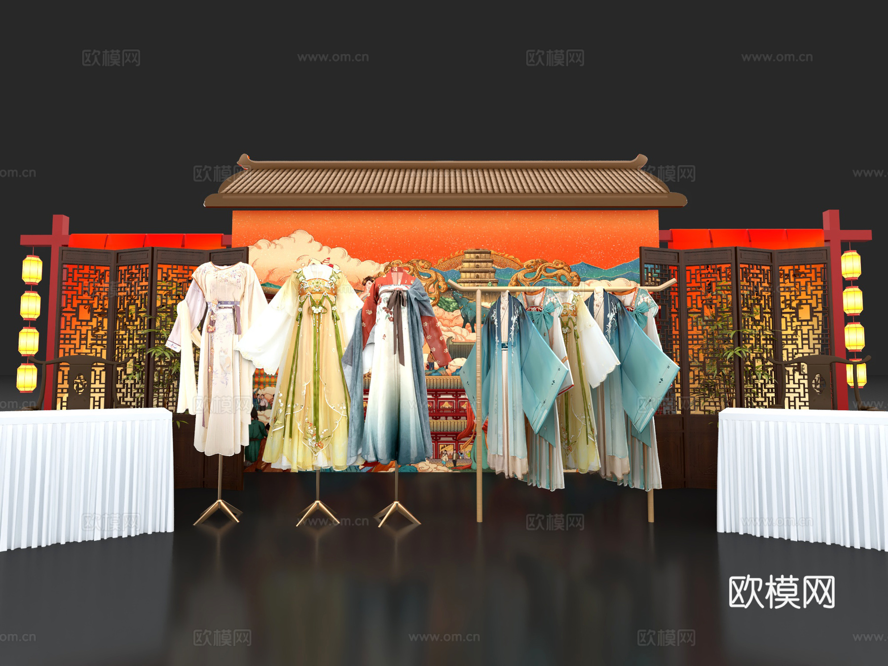 唐装汉服古装 换装区汉服店 中式舞台美陈 屏风灯笼背景墙3d模型
