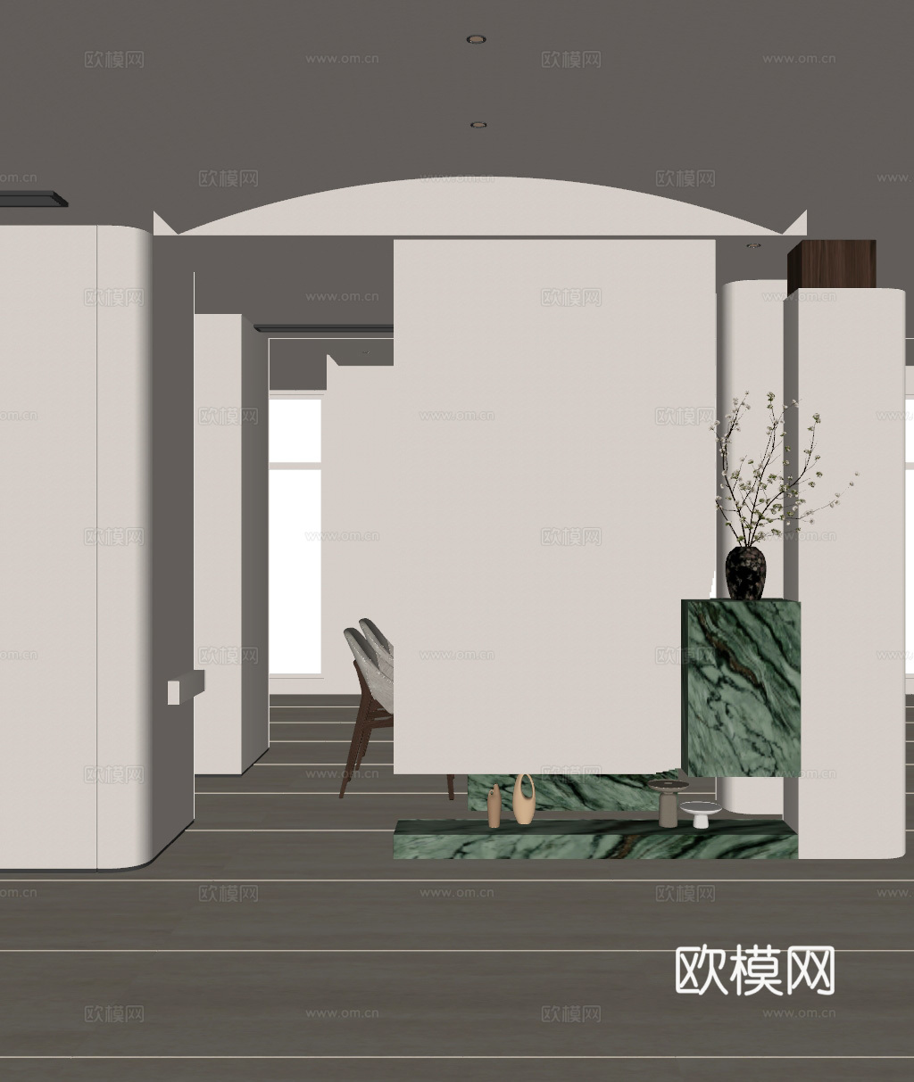 奶油 简约风 斯卡帕叠级 岩板地台 花瓶 弧形顶 玄关su模型