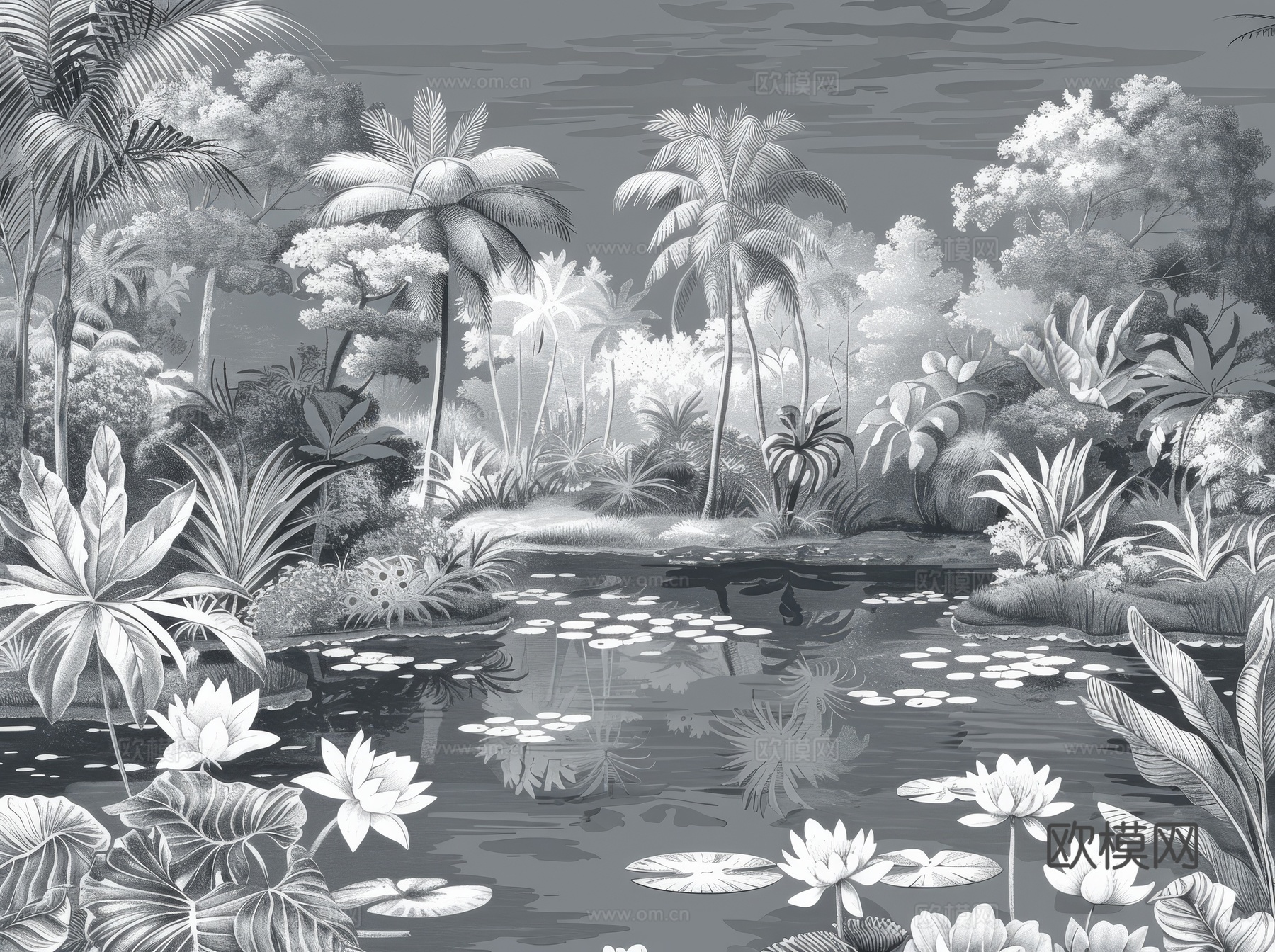 欧式田园热带雨林棕榈植物壁纸壁画下载（渲染图7）