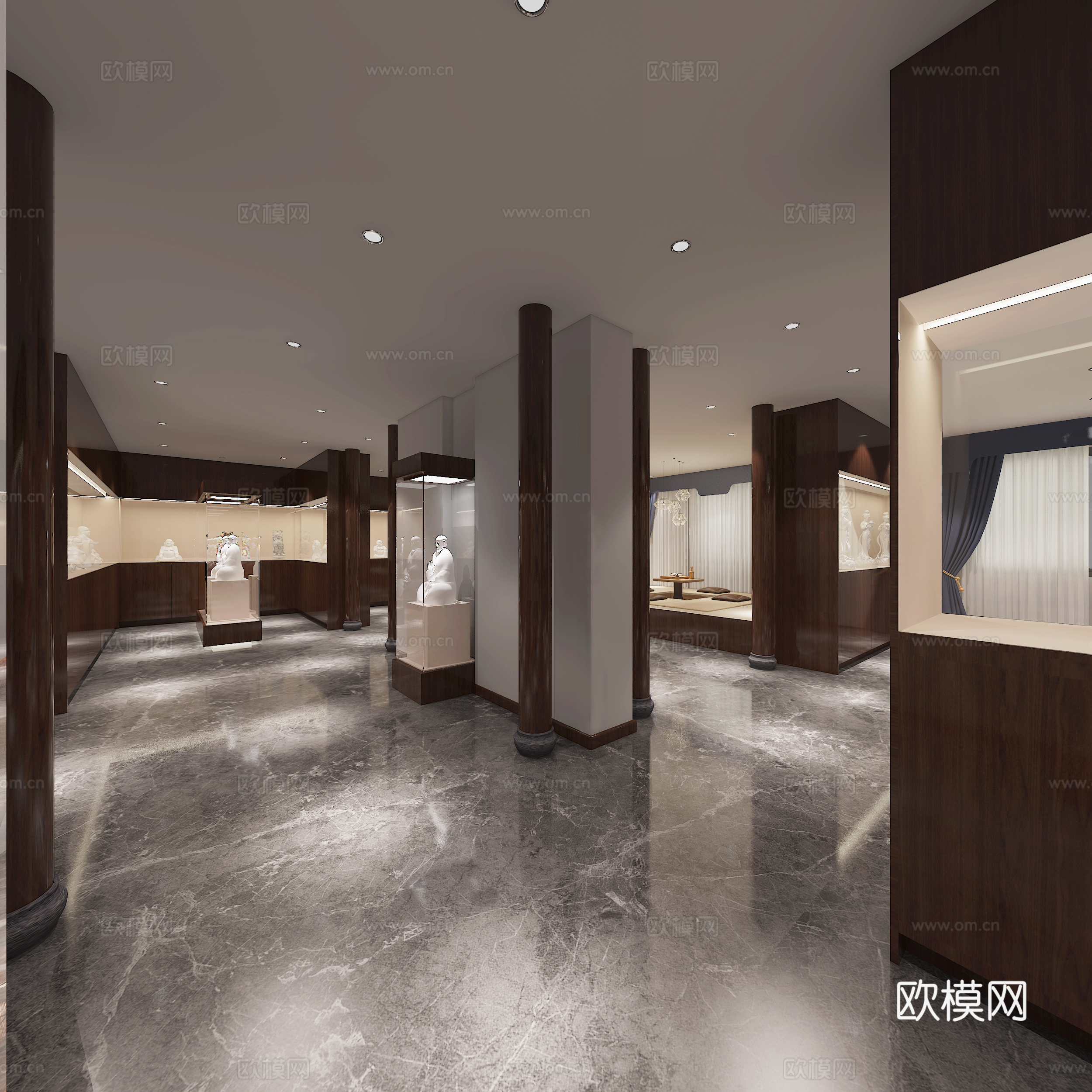 中式展厅展示柜 茶室 茶桌椅组合 瓷器摆件榻榻米 吊灯 佛像3d模型