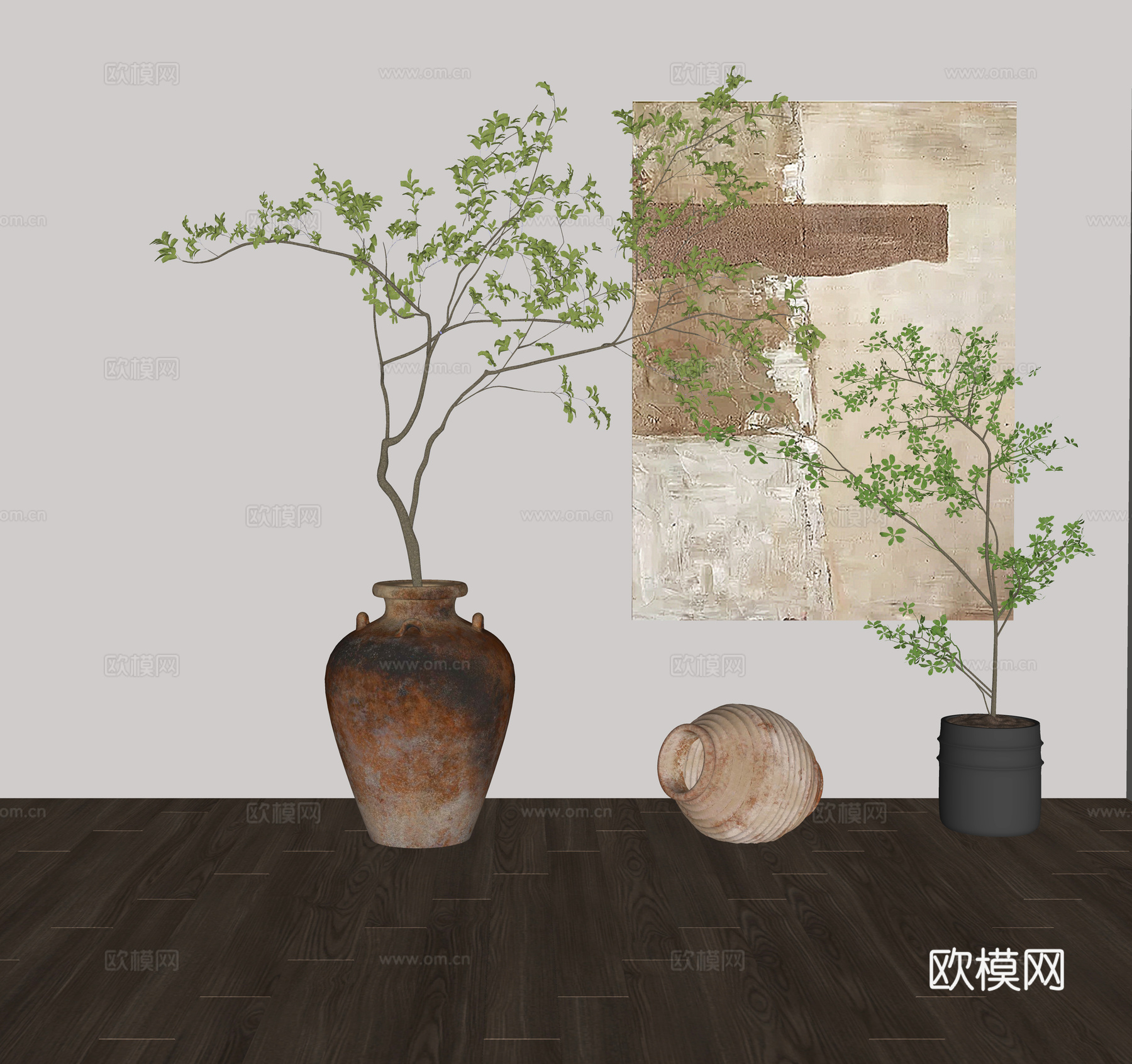 侘寂风花瓶花艺陶罐摆件组合su模型