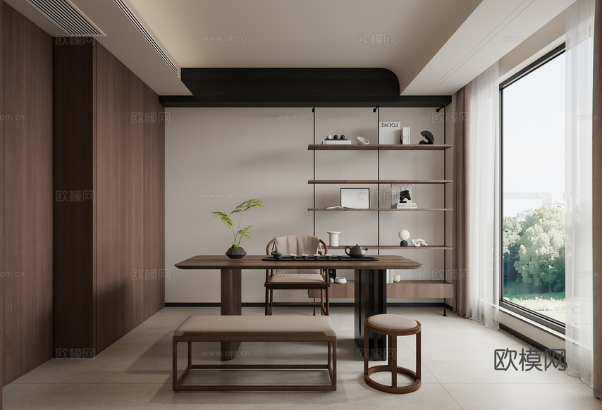 现代茶室 意式极简茶室 茶桌 书架3d模型下载