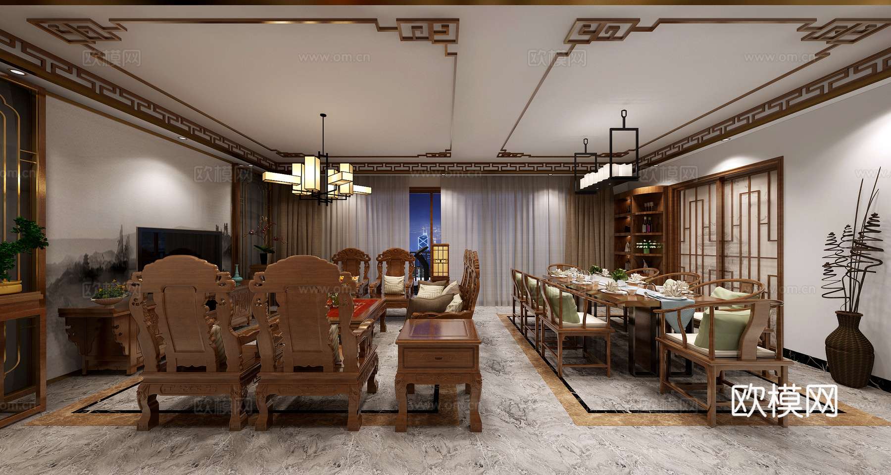 新中式现代中式客厅餐厅模型3d模型