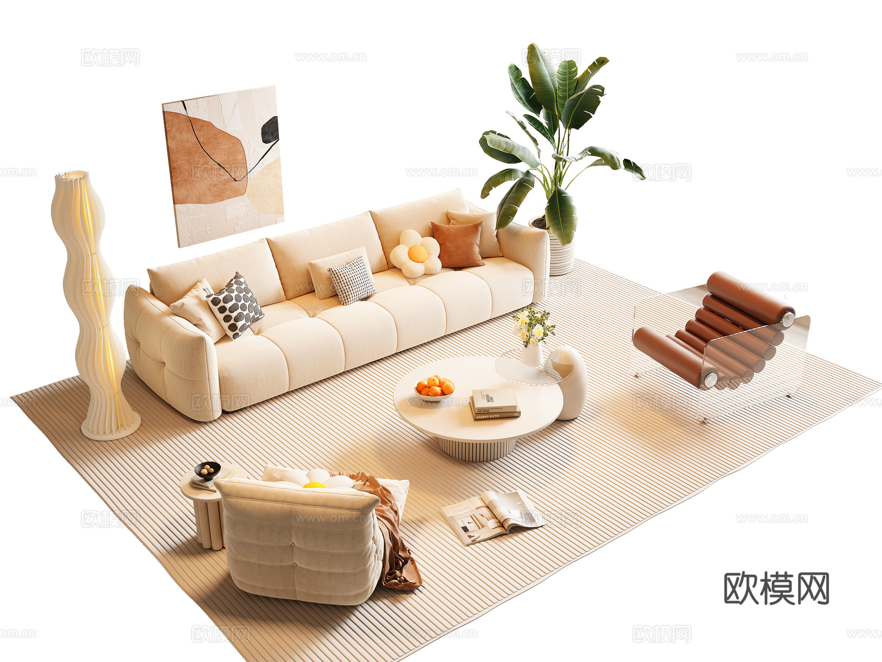 现代奶油风沙发茶几组合3d模型