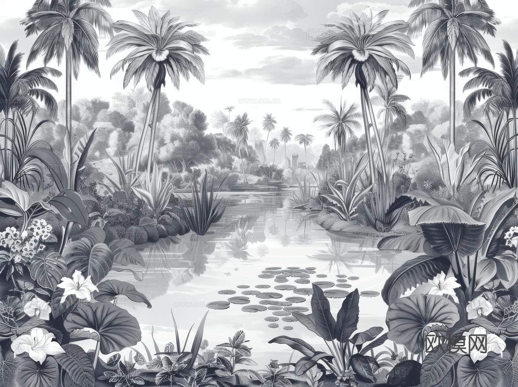 欧式田园热带雨林棕榈植物壁纸壁画下载（渲染图3）