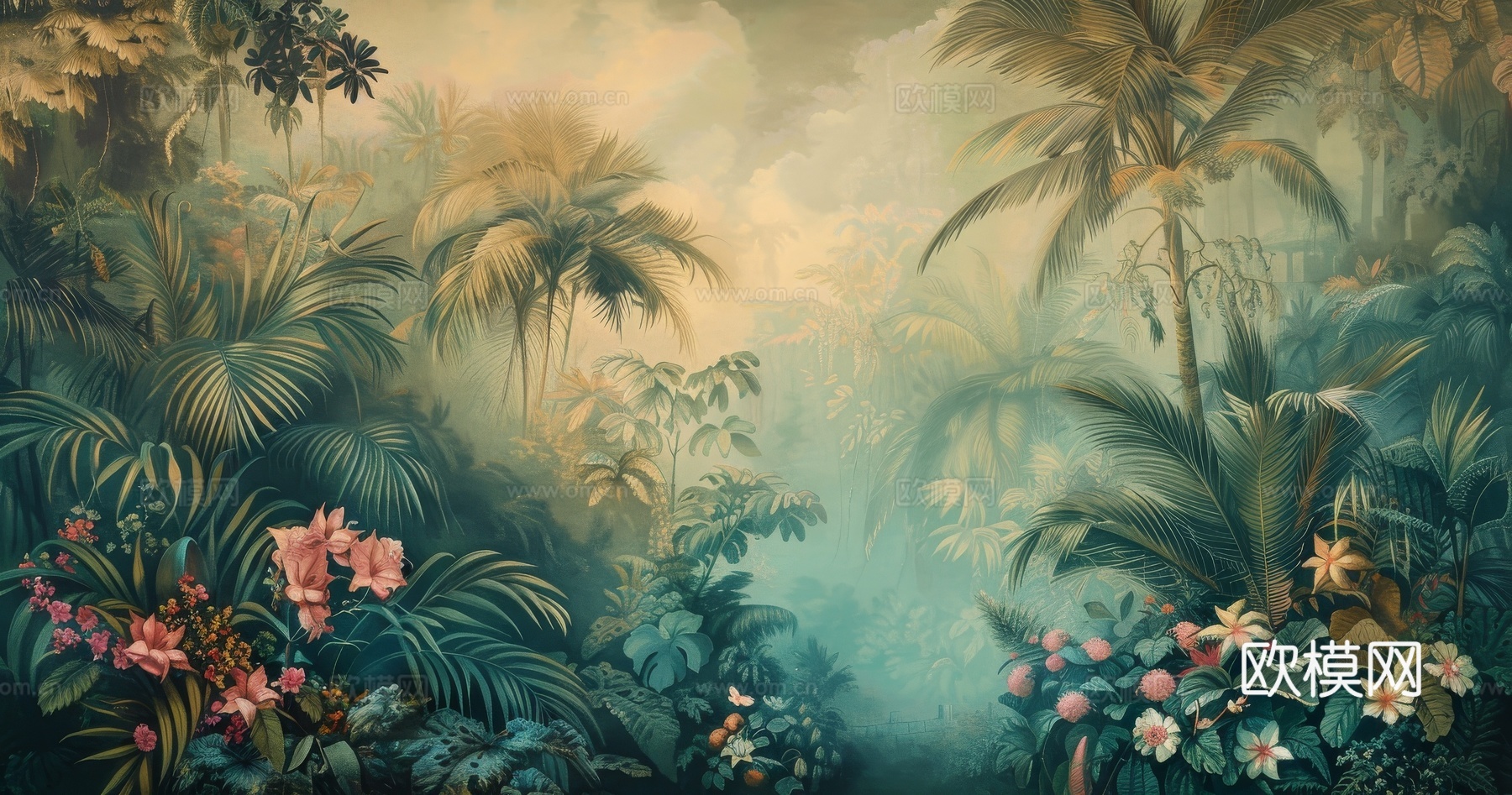 欧式田园热带雨林棕榈植物壁纸壁画下载（渲染图8）