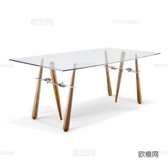 北欧玻璃餐桌休闲方桌洽谈餐桌椅现代简约艺术玻璃实木餐桌su模型