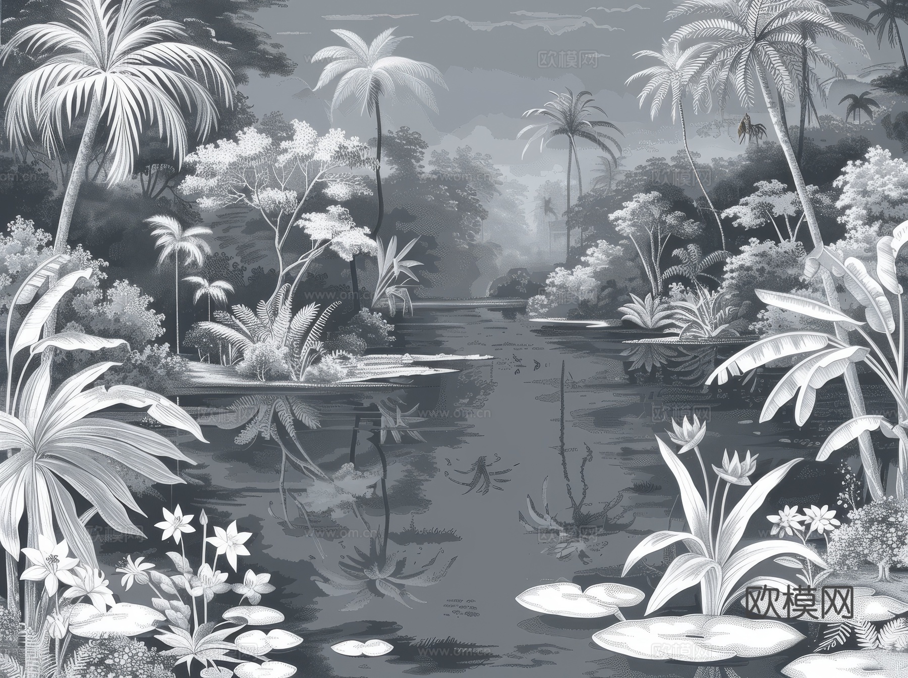 欧式田园热带雨林棕榈植物壁纸壁画下载（渲染图6）