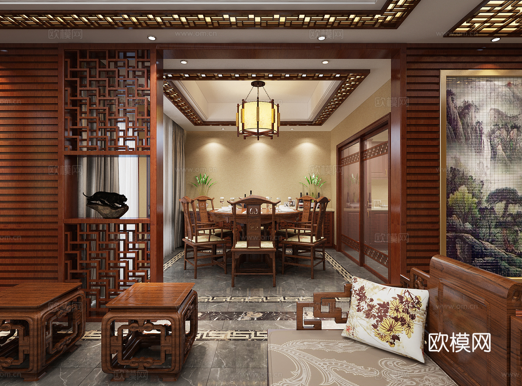 中式餐厅 餐桌 吊灯 壁画3d模型