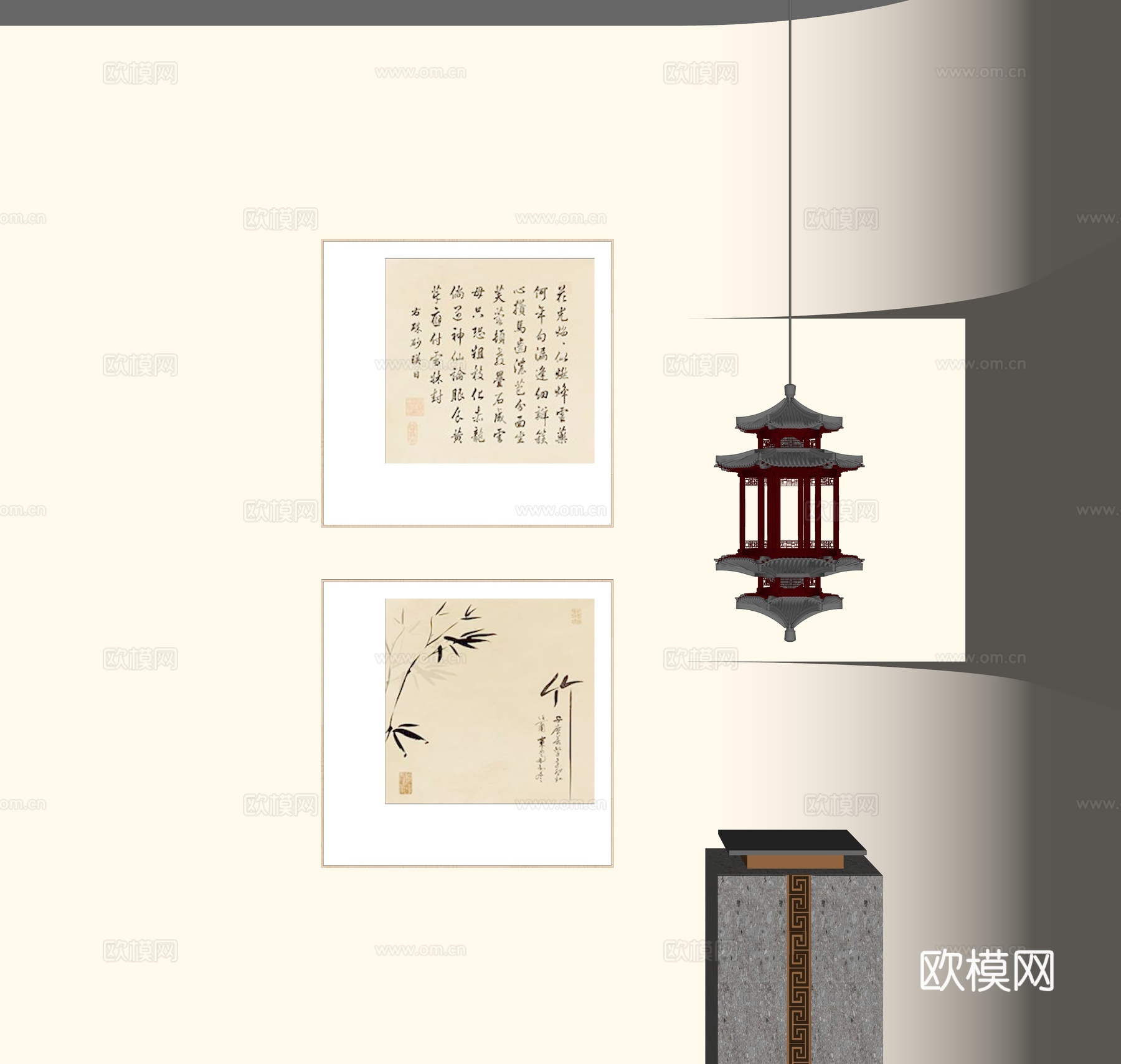 新中式书法字画 吊灯su模型