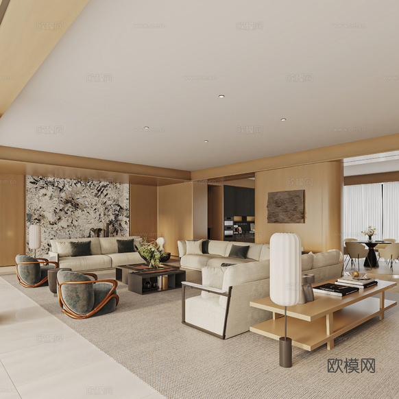 现代意式客餐厅 梁志天设计 大平层客餐厅 一梯一户3d模型下载(渲染图1)