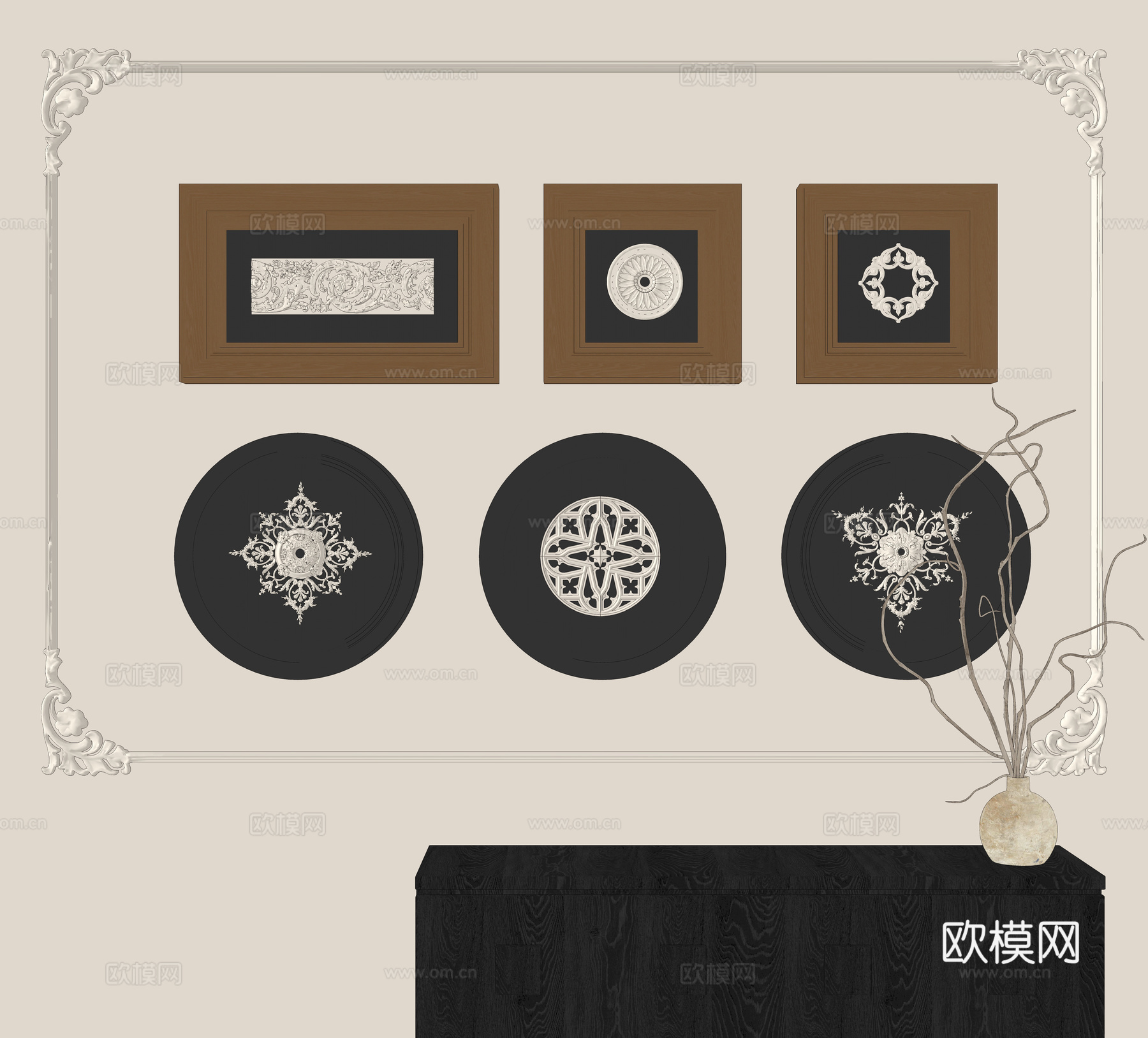 中古风装饰挂画 石膏墙饰 雕塑挂画 挂画相框 陶罐枯枝su模型