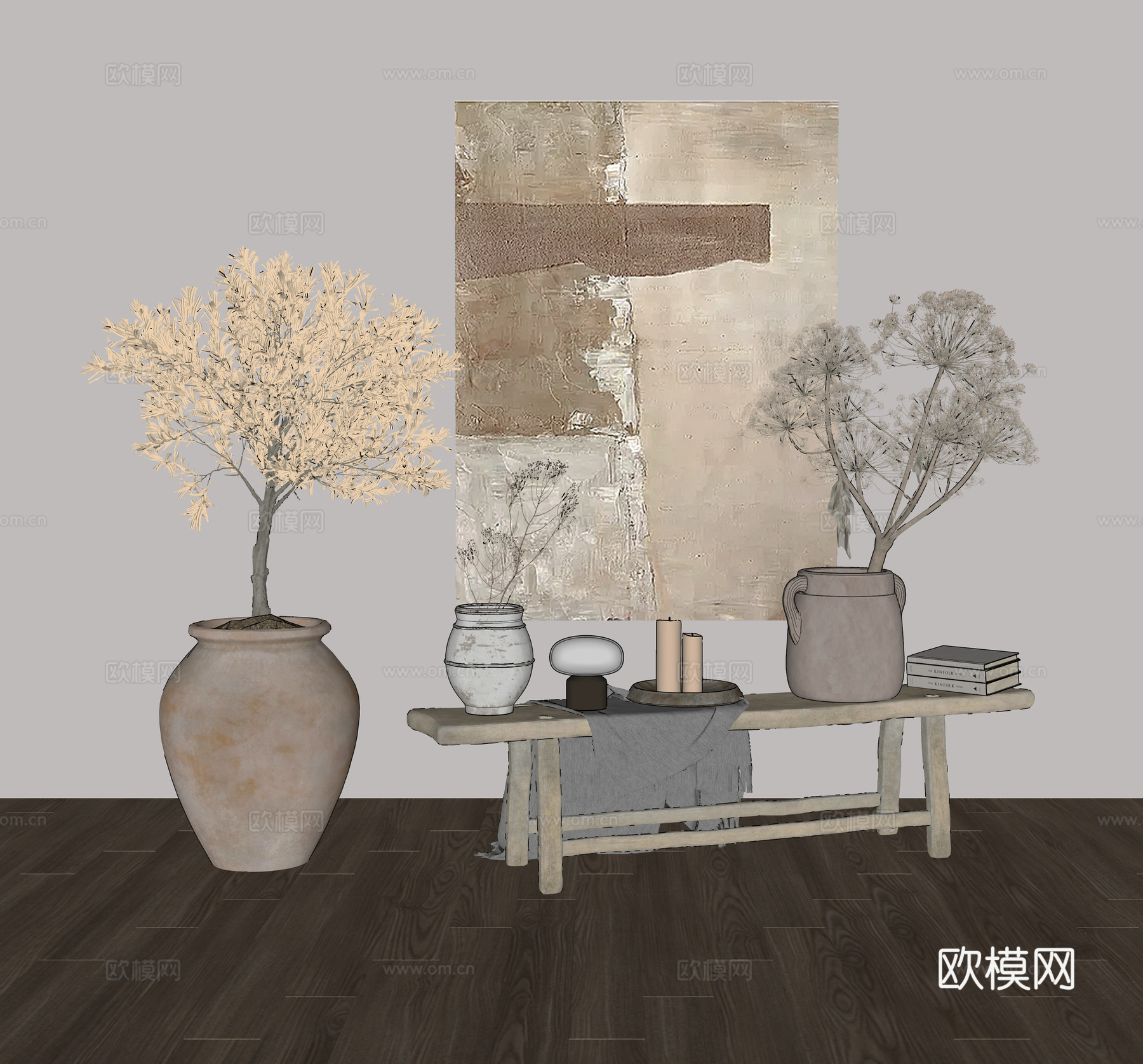 侘寂风花瓶花艺陶罐摆件组合su模型