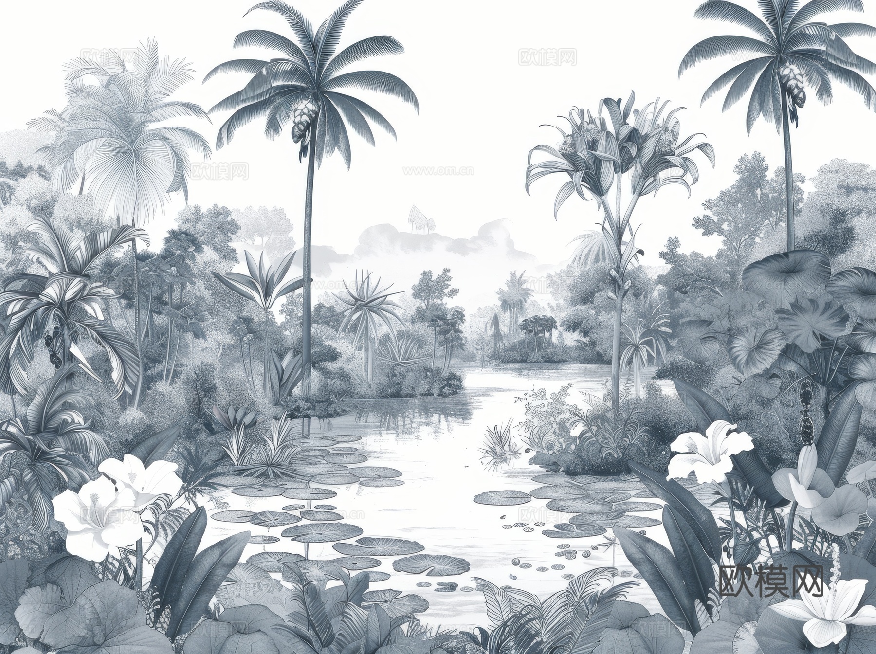 欧式田园热带雨林棕榈植物壁纸壁画下载（渲染图1）