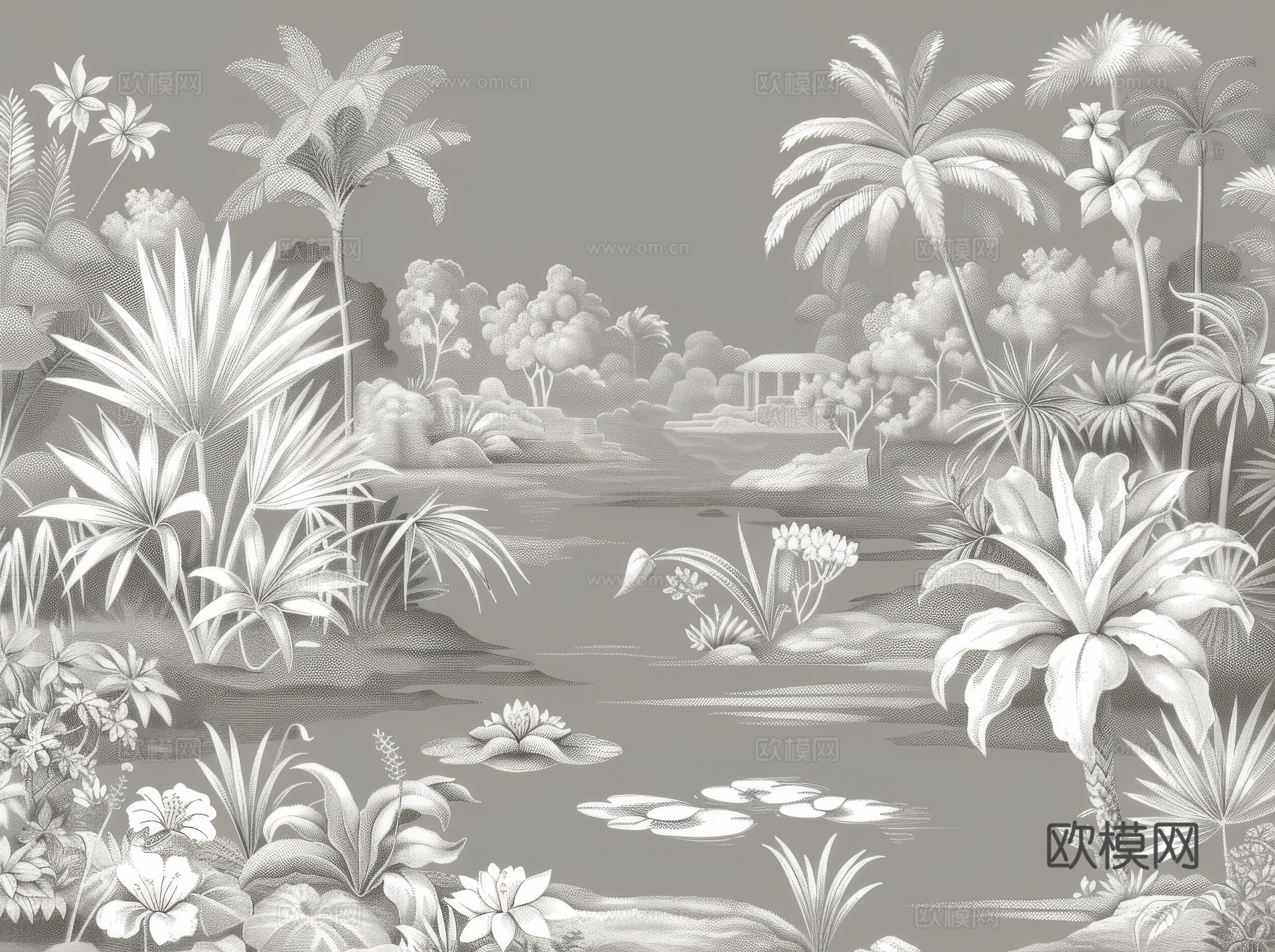 欧式田园热带雨林棕榈植物壁纸壁画下载（渲染图2）