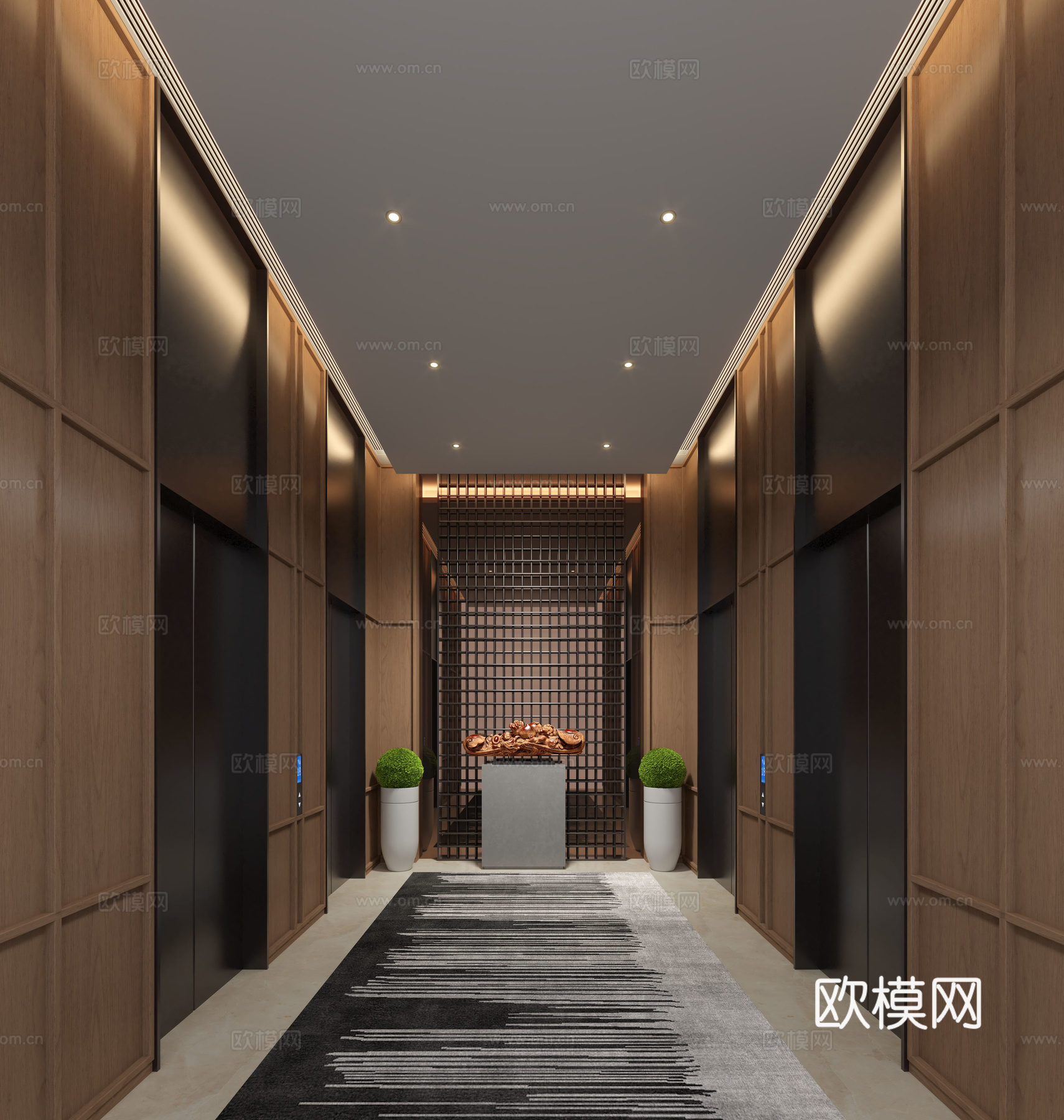 新中式酒店电梯厅 会所电梯厅 电梯厅过道 电梯间 电梯厅3d模型