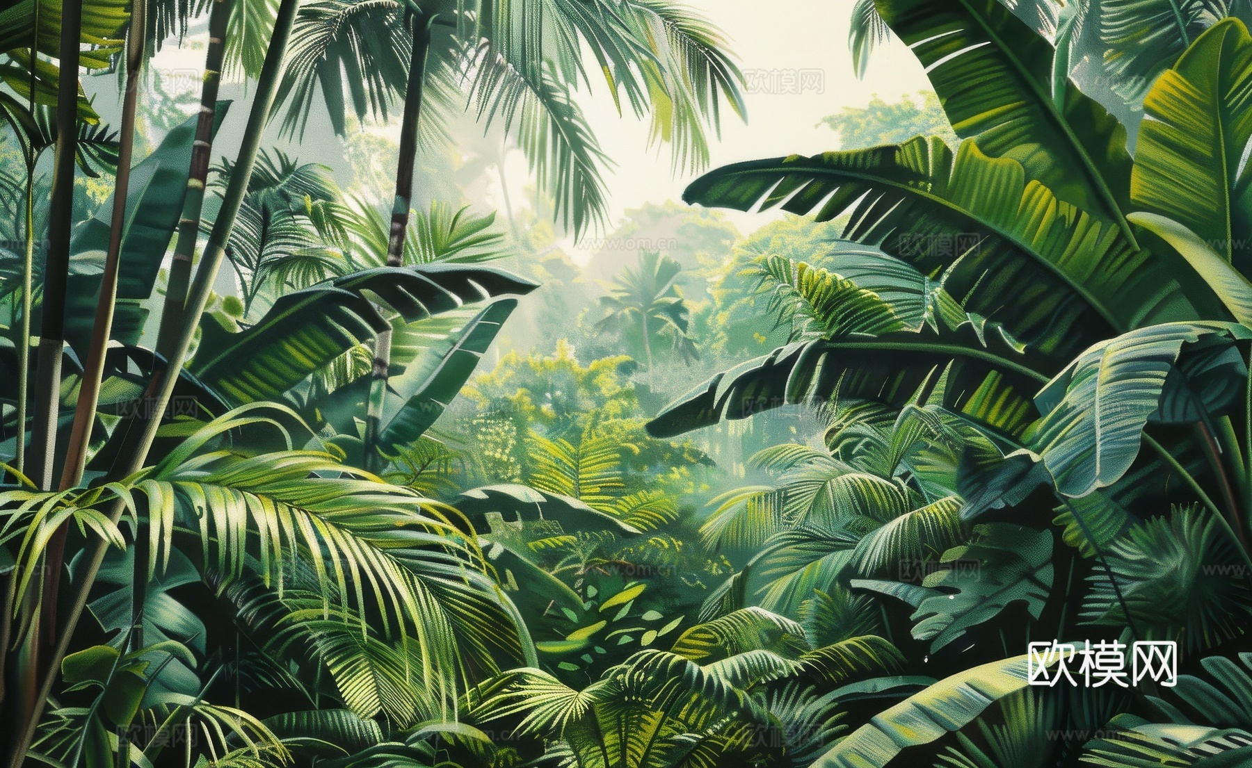 欧式田园热带雨林棕榈植物壁纸壁画下载（渲染图2）