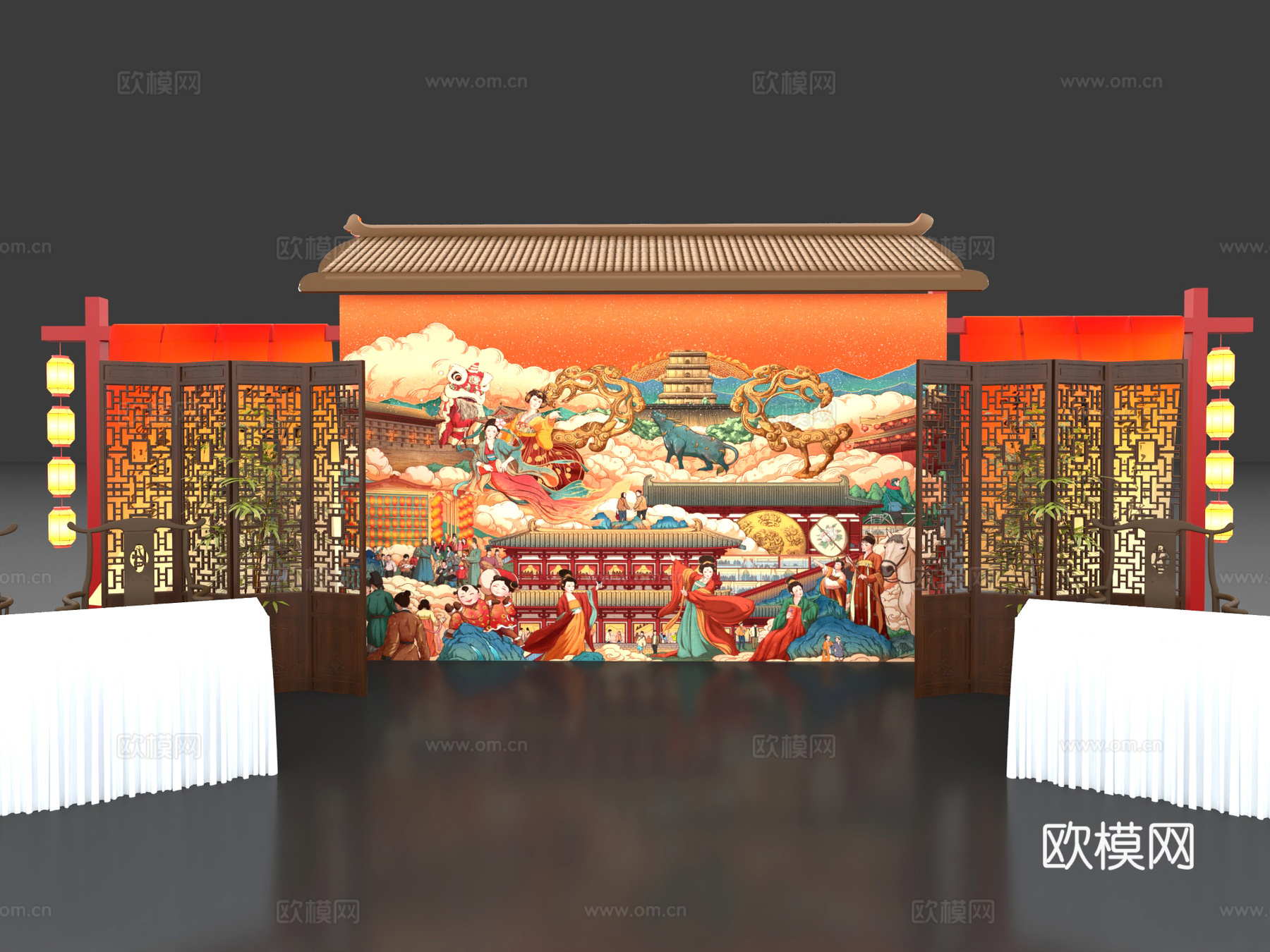 唐装汉服古装 换装区汉服店 中式舞台美陈 屏风灯笼背景墙su模型