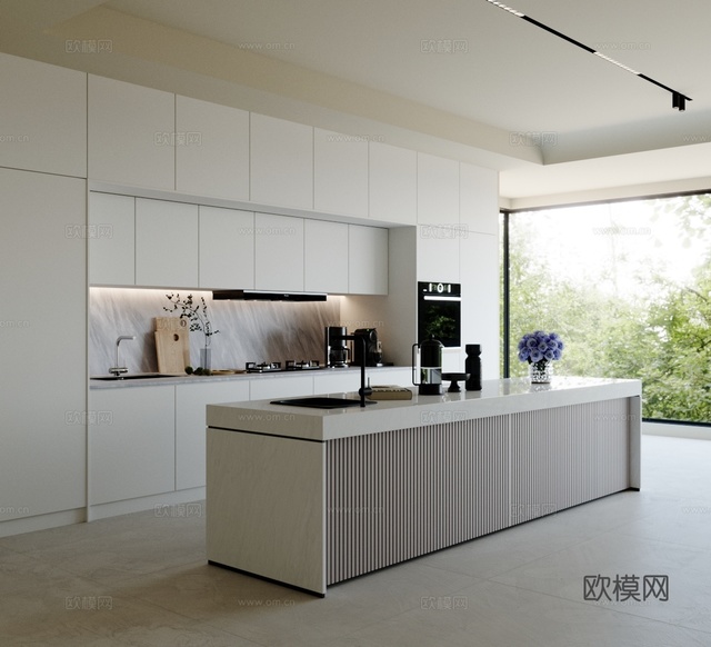 现代开放式厨房 岛台厨房 厨房餐厅 烤箱餐边柜 厨房中岛台su模型下载(渲染图1)