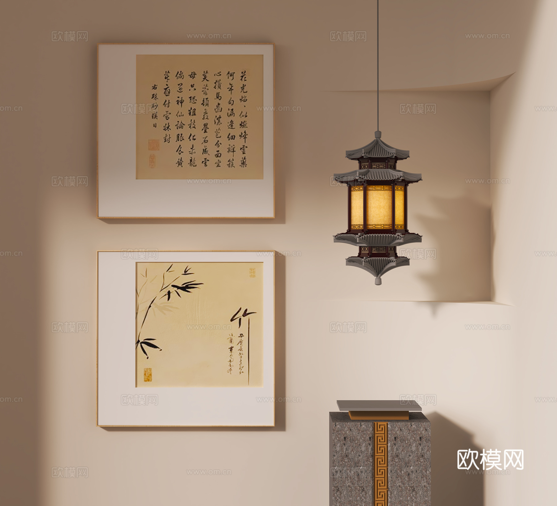 新中式书法字画 吊灯su模型