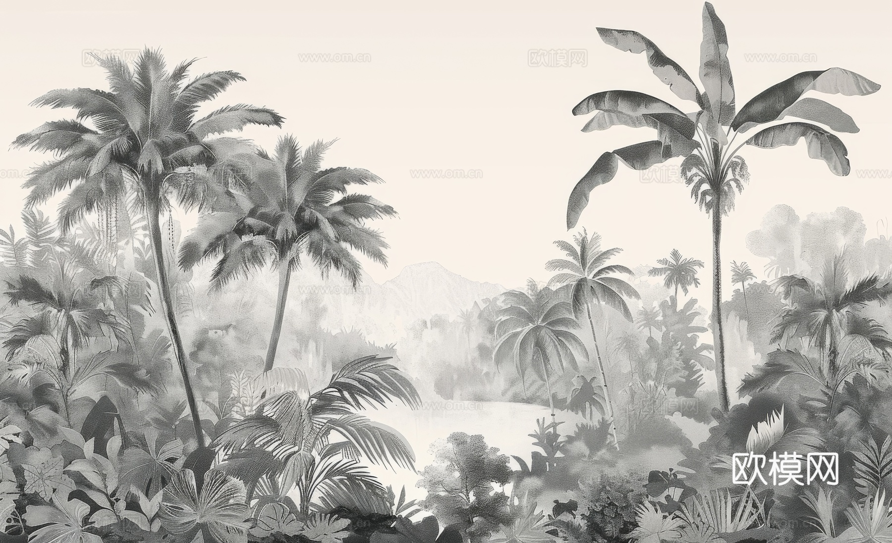 欧式田园热带雨林棕榈植物壁纸壁画下载（渲染图3）