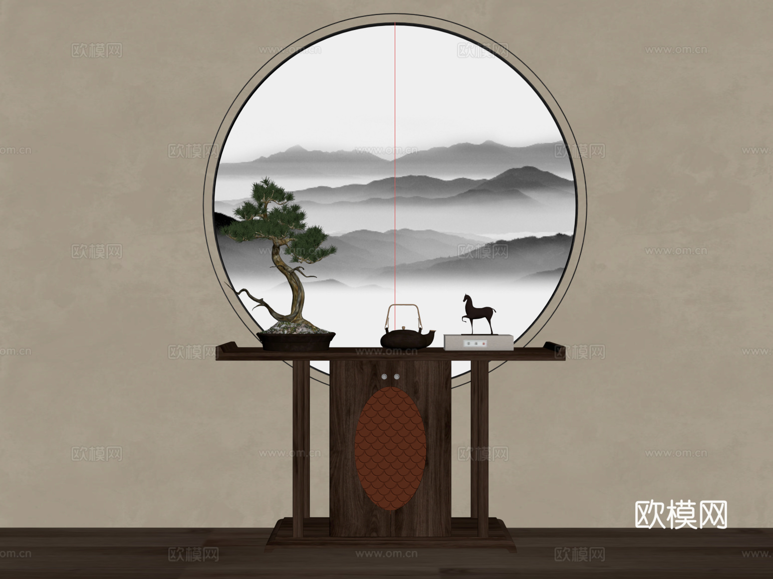 玄关 新中式玄关 玄关柜 端景柜 饰品摆件su模型