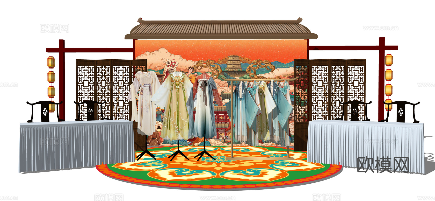 唐装汉服古装 换装区汉服店 中式舞台美陈 屏风灯笼背景墙su模型