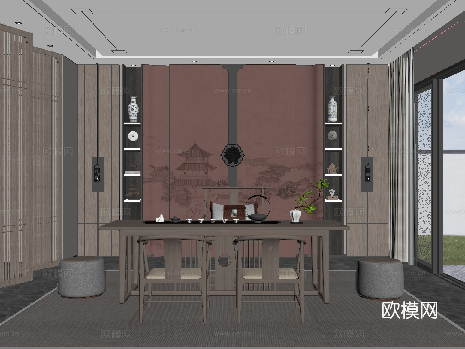 茶室 新中式茶室 茶台 茶桌椅su模型